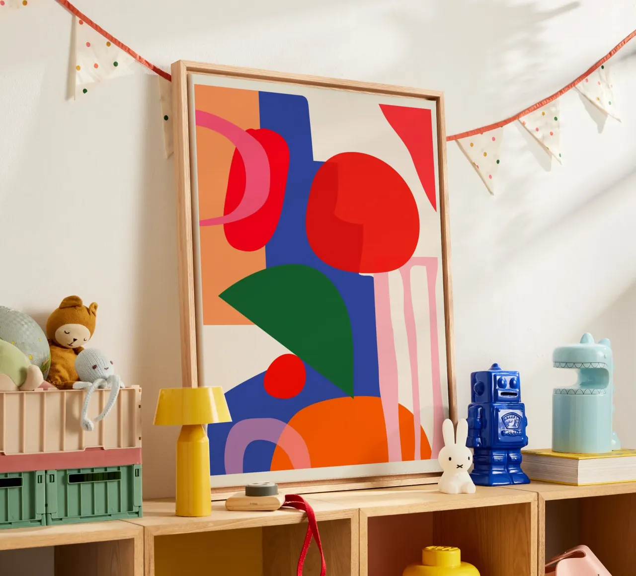 Bunte moderne Abstraktion Leinwand mit Schattenfugenrahmen von ThingDesign