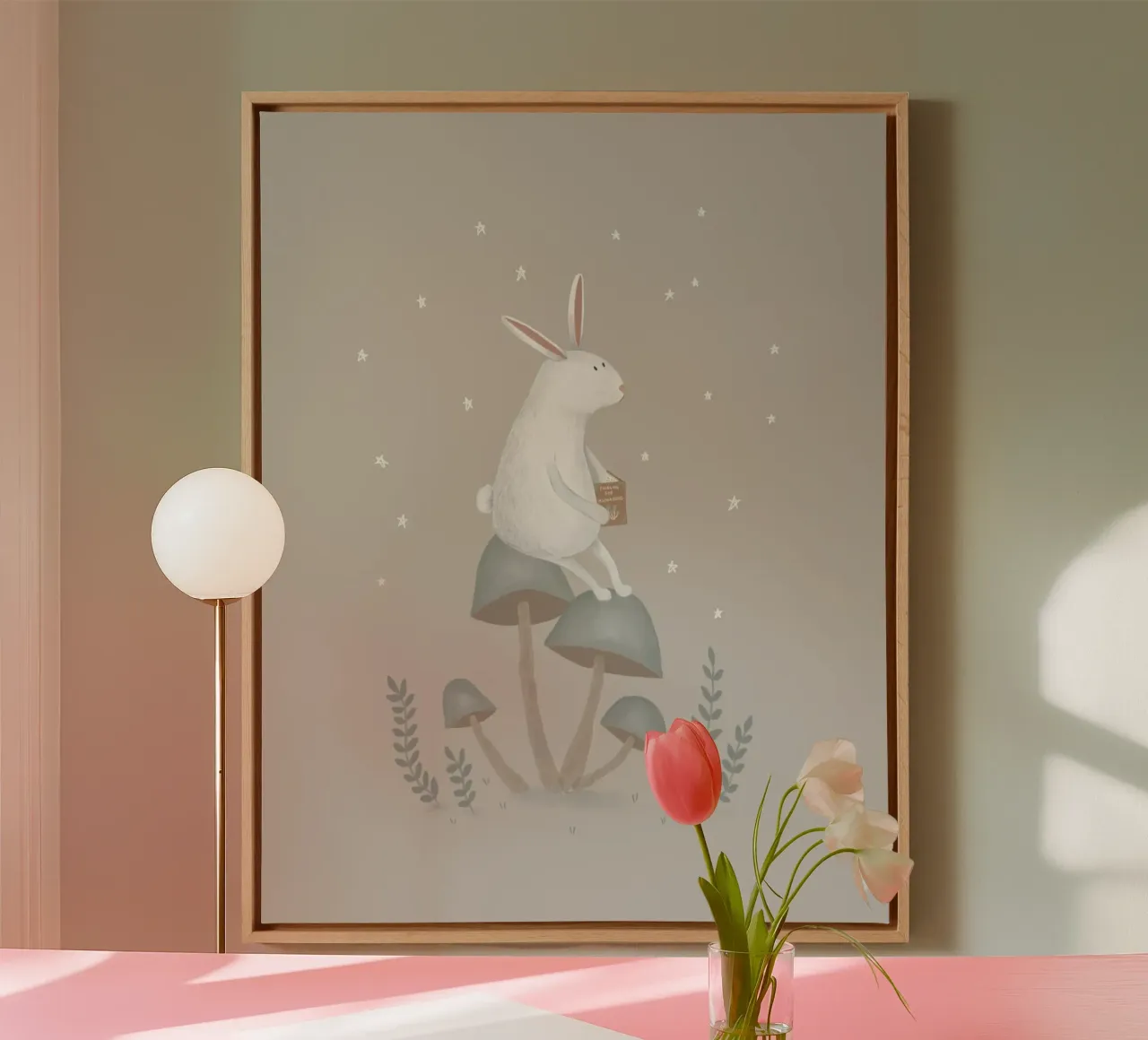 El conejo de las estrellas en las setas lienzo con Marco flotante de Urchin Bay Art