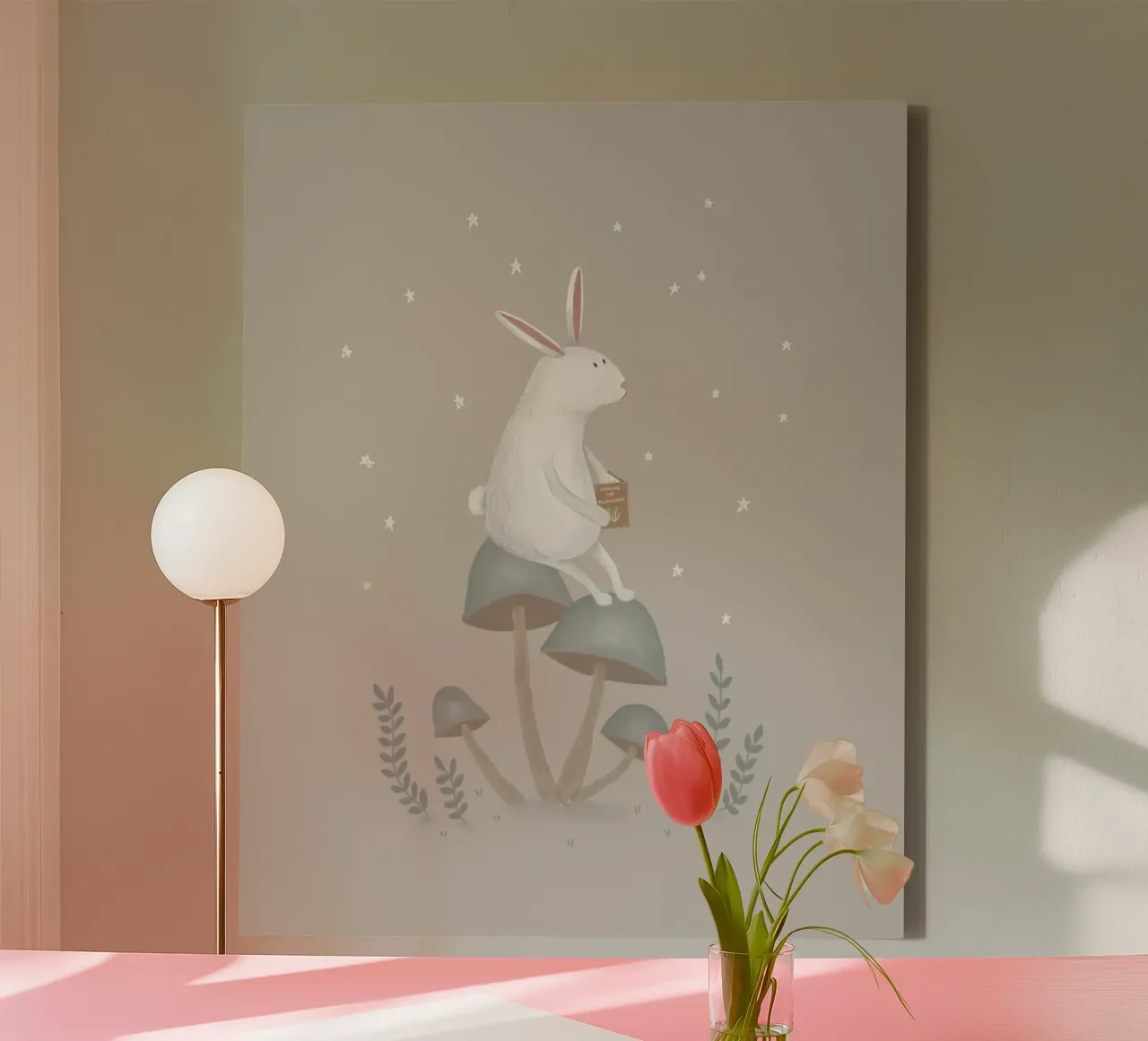 El conejo de las estrellas en las setas lienzo con Marco flotante de Urchin Bay Art