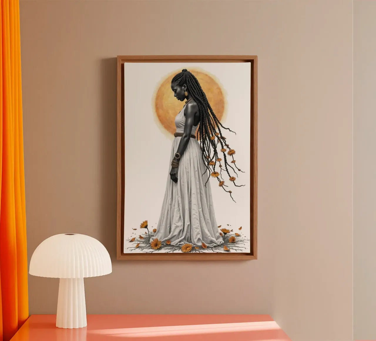 Goldene Töchter I - Der Sonnenwächter Leinwand mit Schattenfugenrahmen von Dustlight Atelier