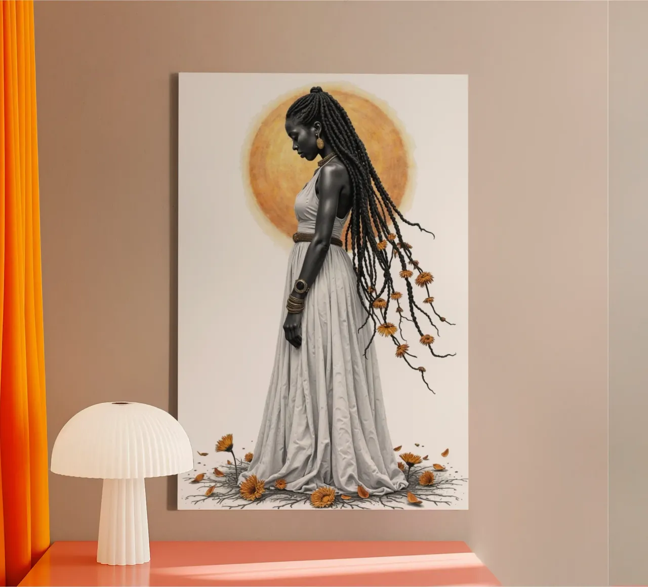 Goldene Töchter I - Der Sonnenwächter Leinwand mit Schattenfugenrahmen von Dustlight Atelier