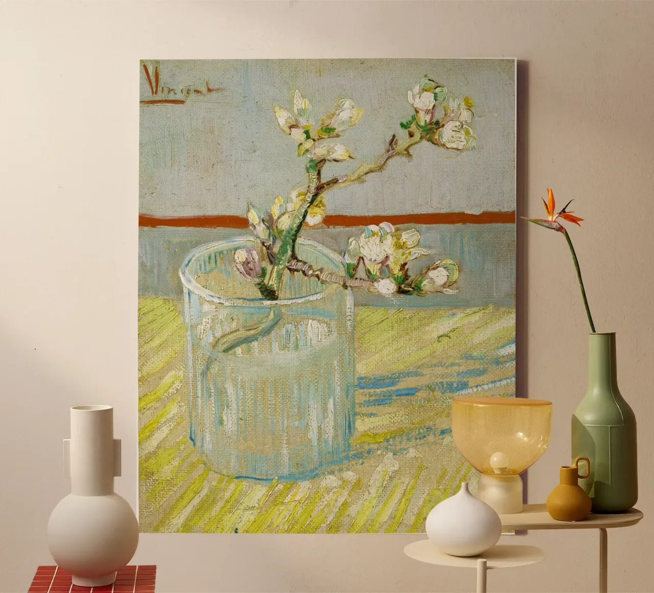 Il rametto di mandorlo in fiore in un bicchiere di Vincent van Gogh (188 tela con Cornice a cassetta da Van Gogh Prints