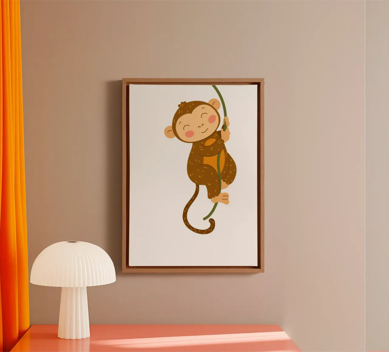 Happy Monkey on Vine Art Print - Jungle Nursery Decor canvas with Floater frame by ClubArt