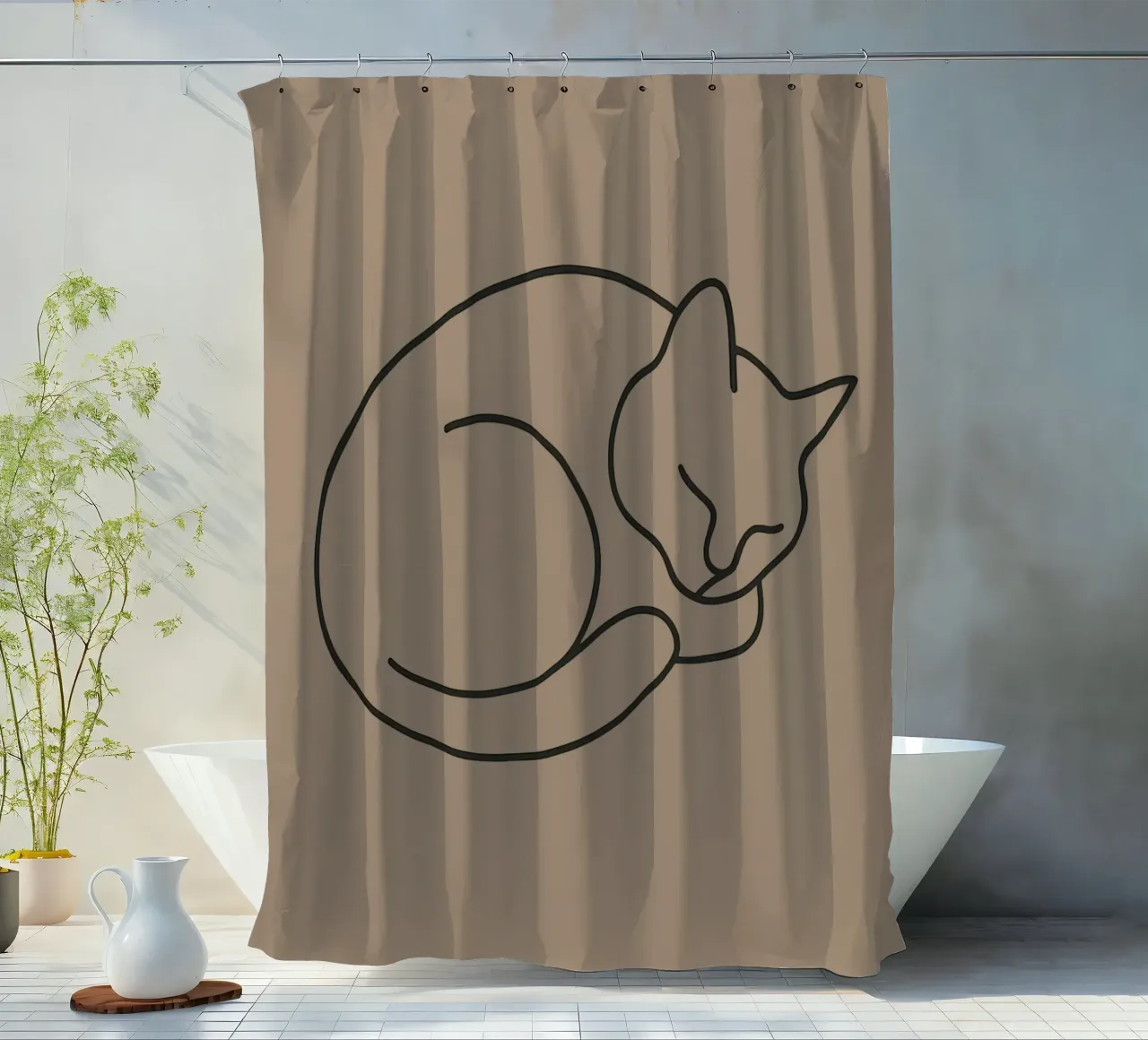 gatto che dorme pacificamente raggomitolato in una posizione confortevole tenda da doccia da DesignDoodle