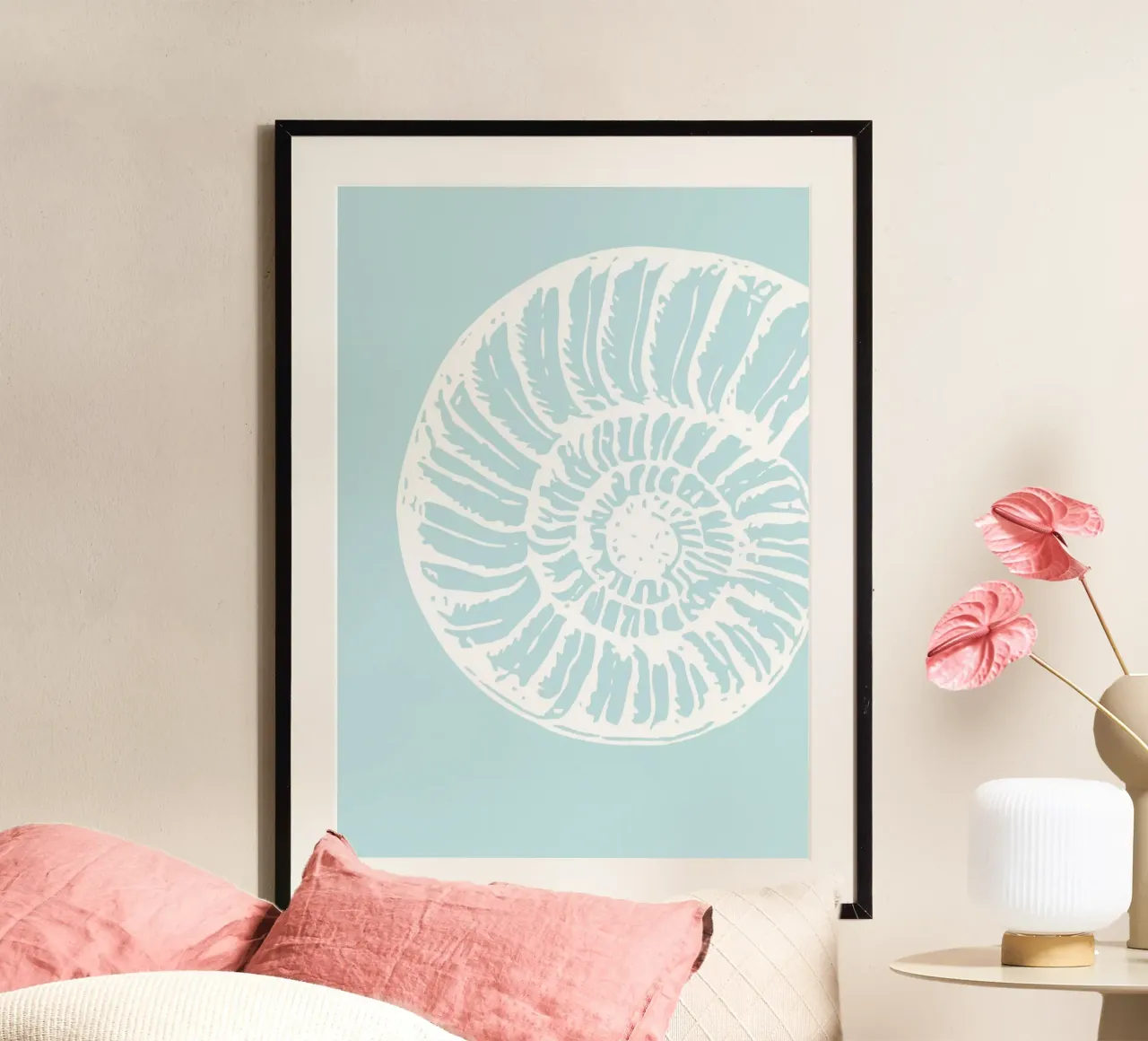 Spiral Seashell Art Print - Serene Coastal Minimalist poster with wooden frame by ClubArt