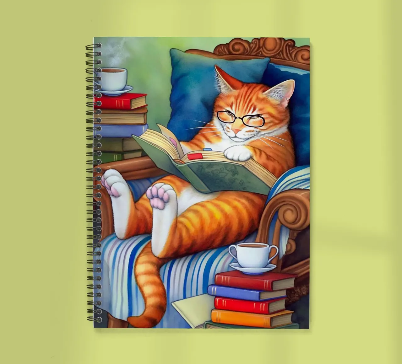Cat Reading Book on Sofa spiral notebook by Fleur de Lys