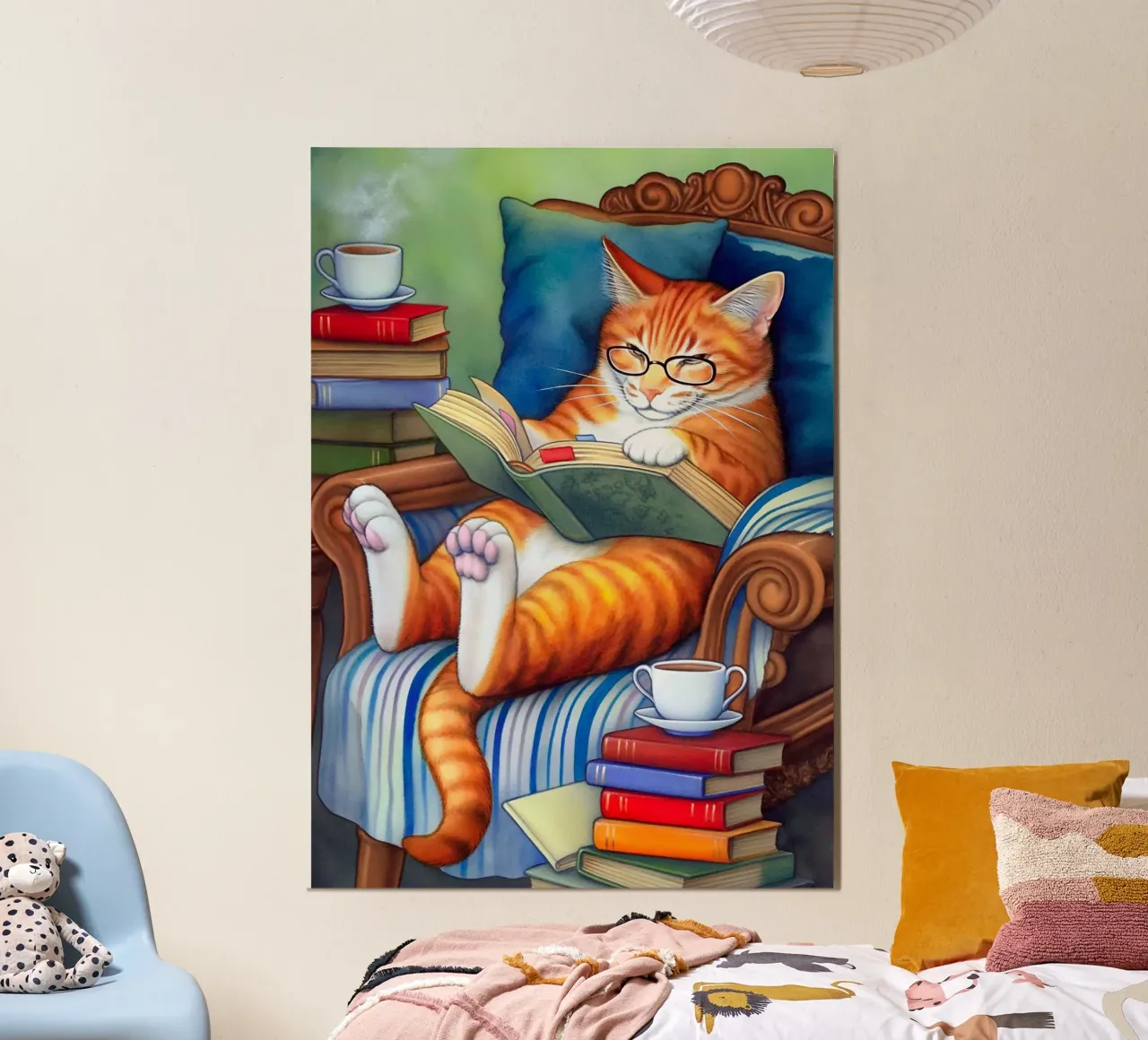 Gatto che legge un libro sul divano alluminio dibond da Fleur de Lys