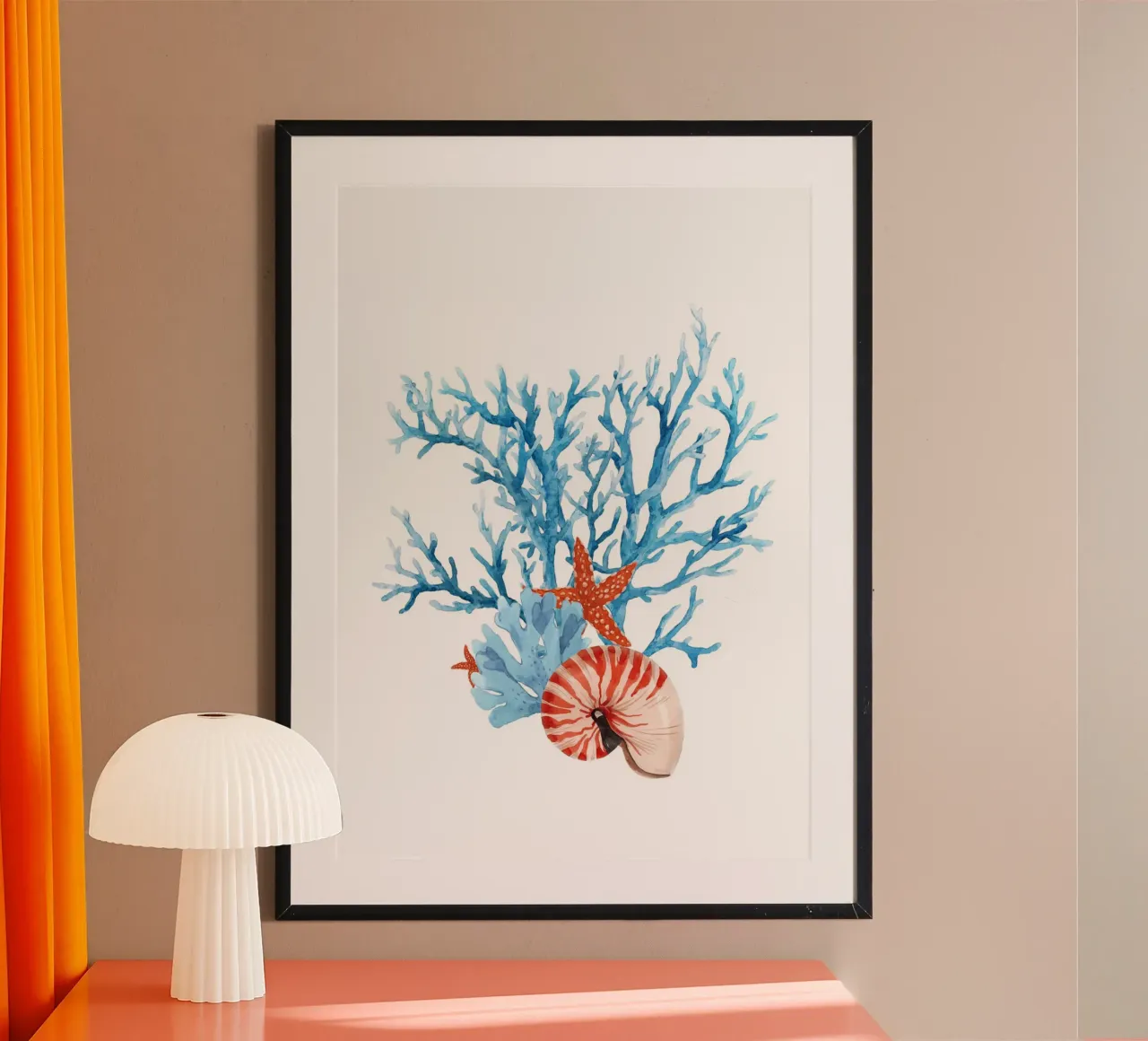 Acquerello con corallo e conchiglie - Arte della barriera corallina poster con telaio in plastica da ClubArt