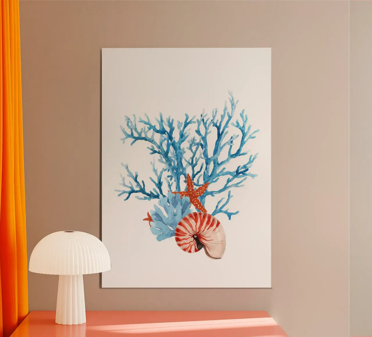 Acquerello con corallo e conchiglie - Arte della barriera corallina poster con telaio in plastica da ClubArt