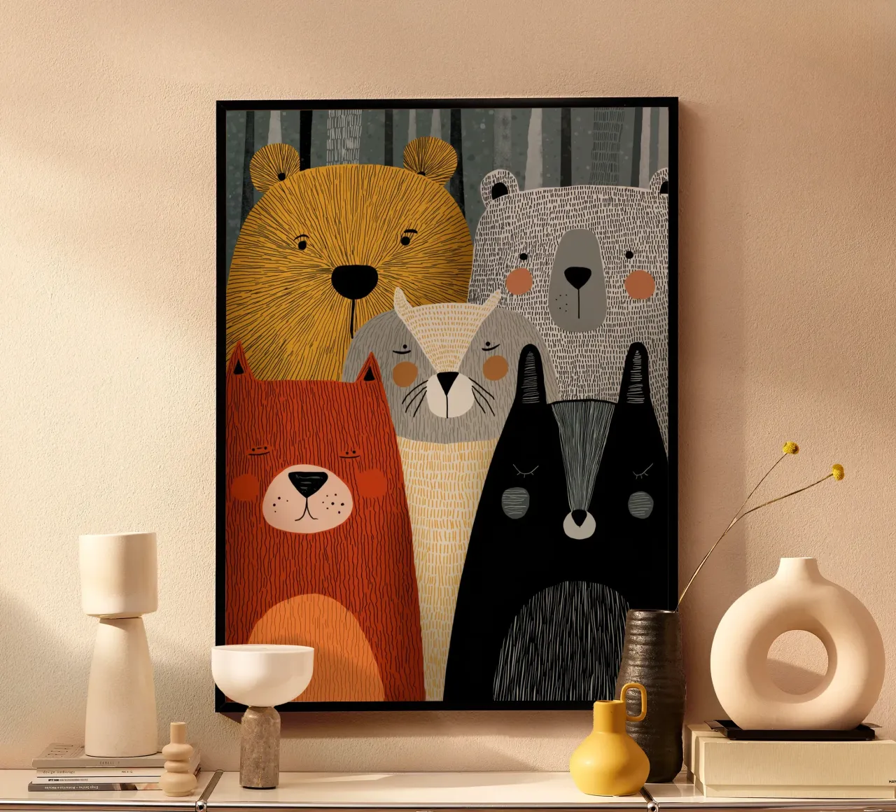 Vivaio di animali poster con telaio in legno da Imagine