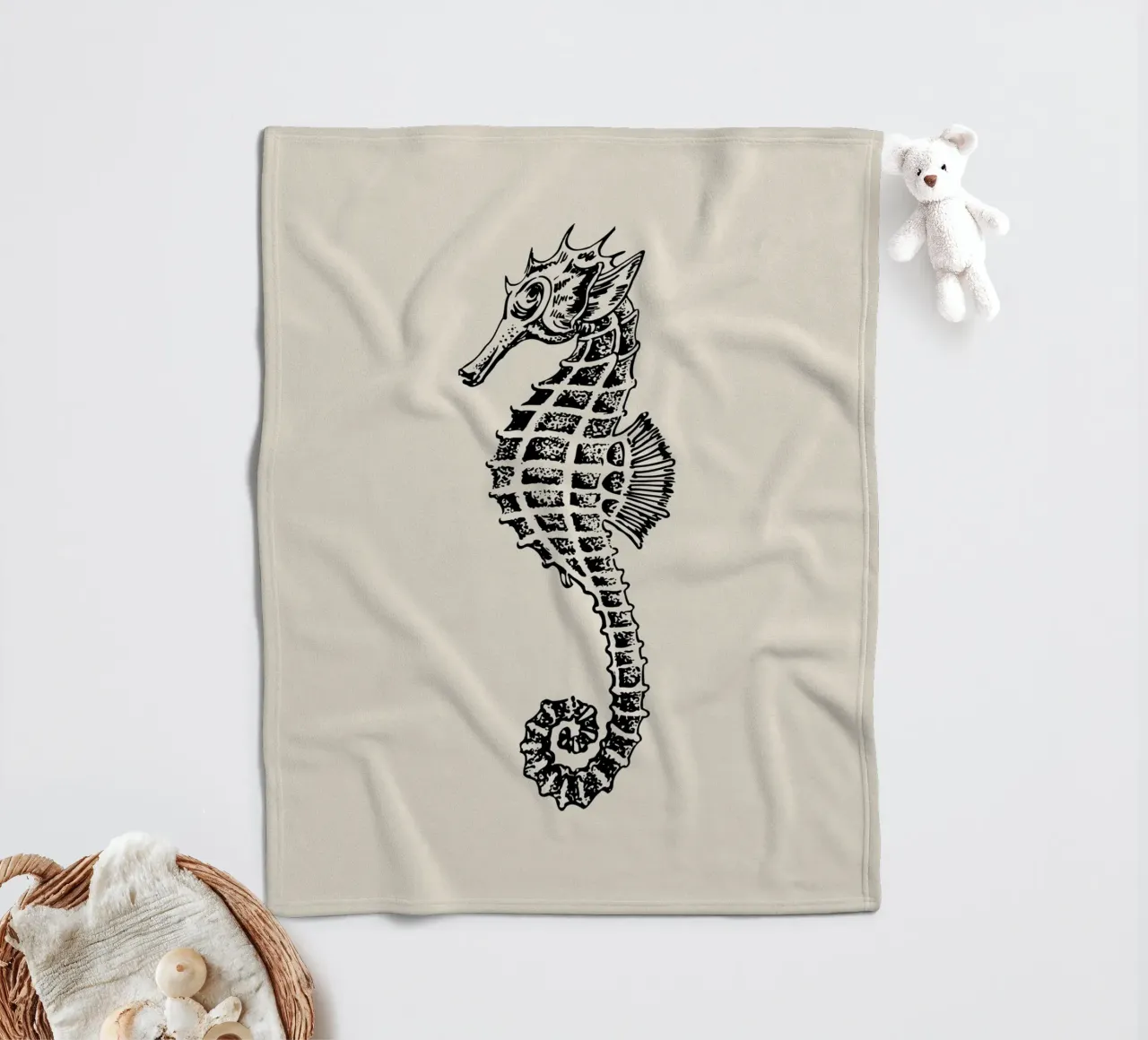 Vintage Seahorse Sketch Print - Nautical Marine Art fleece blanket by ClubArt