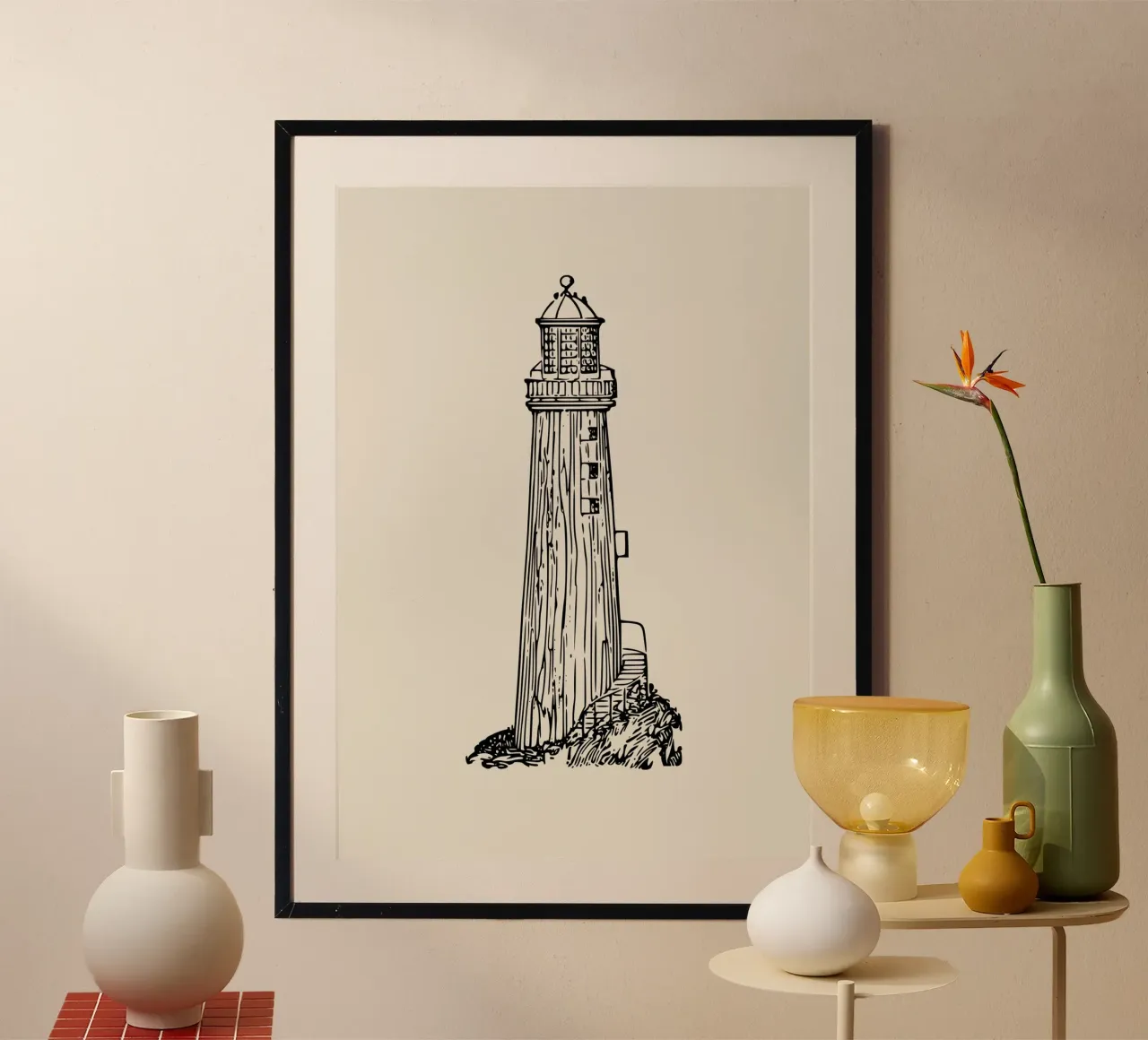 Rustic Lighthouse Sketch Print - Vintage Coastal Art poster with plastic frame by ClubArt