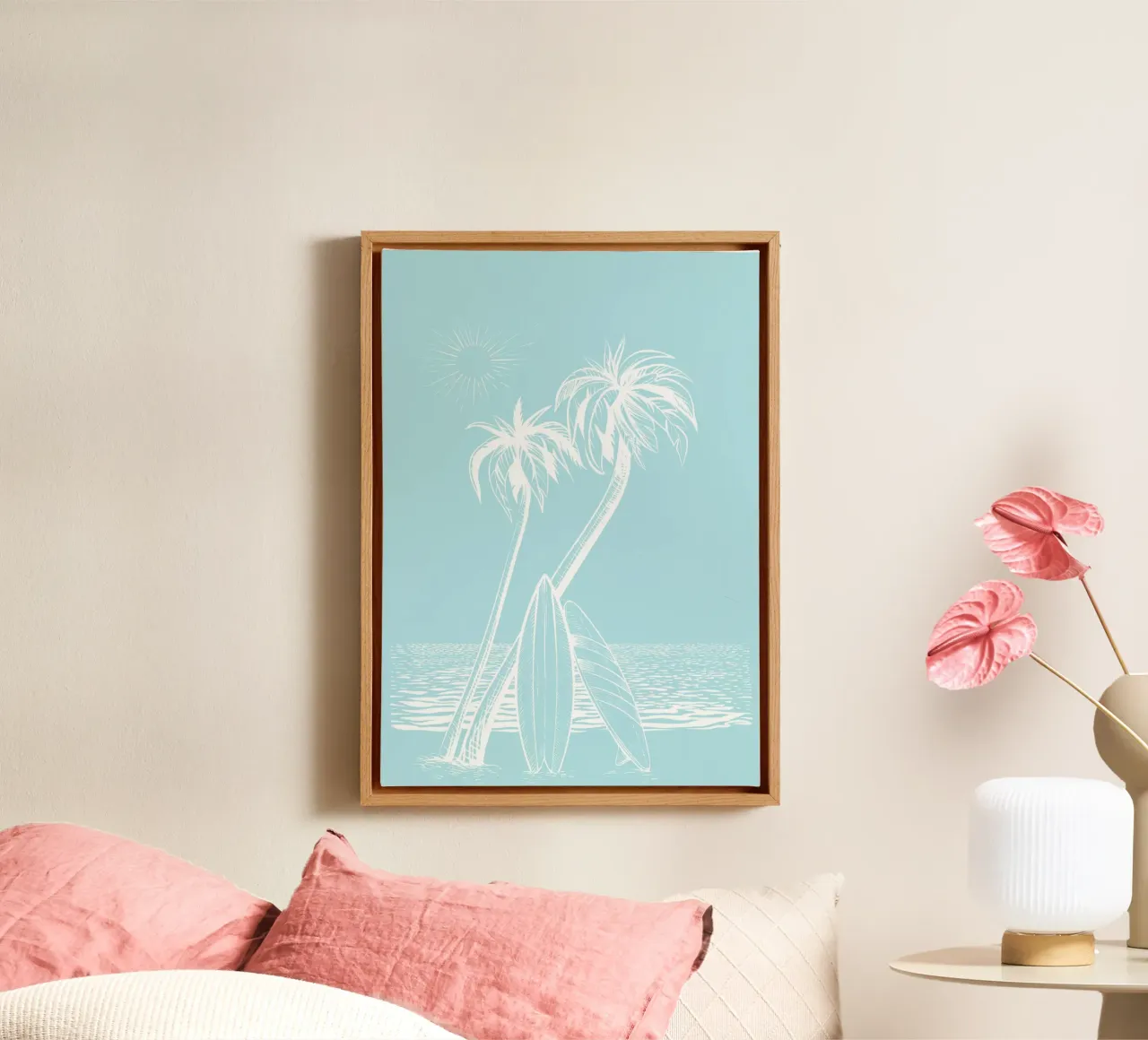Beach Sunset Surf Palms Print - Coastal Summer Vibes canvas with Floater frame by ClubArt