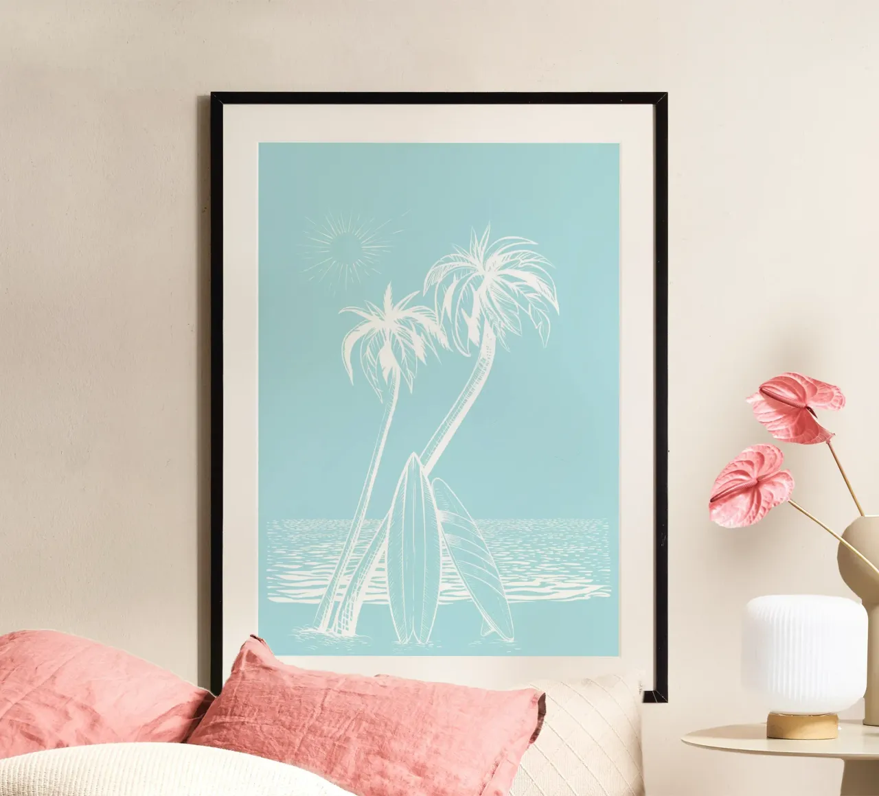 Beach Sunset Surf Palms Print - Coastal Summer Vibes poster with wooden frame by ClubArt