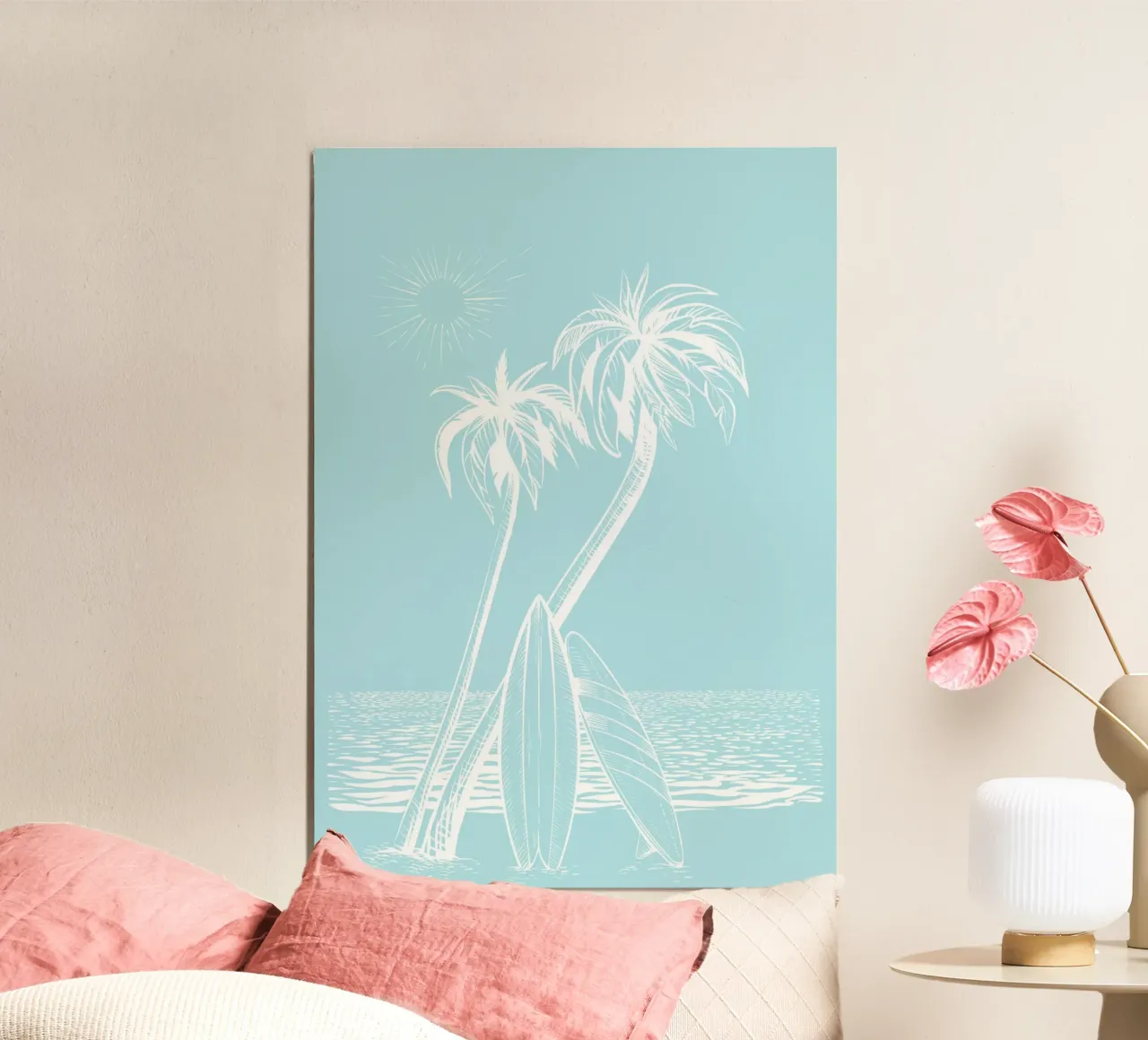 Beach Sunset Surf Palms Print - Coastal Summer Vibes poster with wooden frame by ClubArt