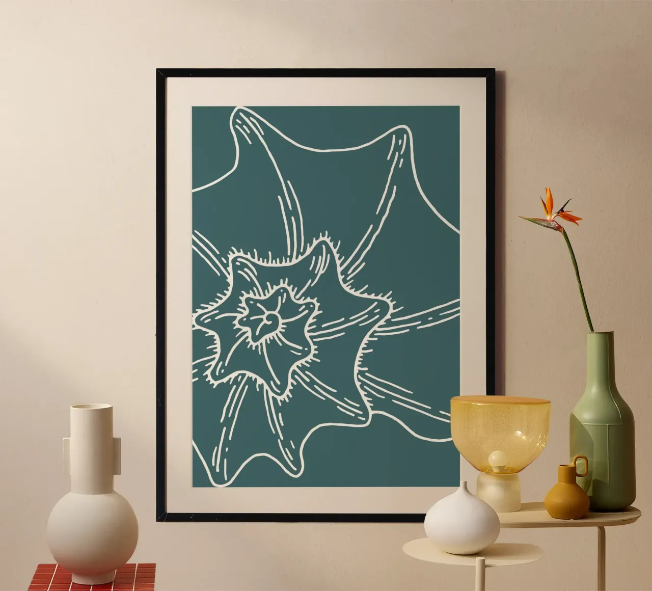 Arte della linea di conchiglie a spirale - Decorazione per la casa costiera verde acqua poster da ClubArt