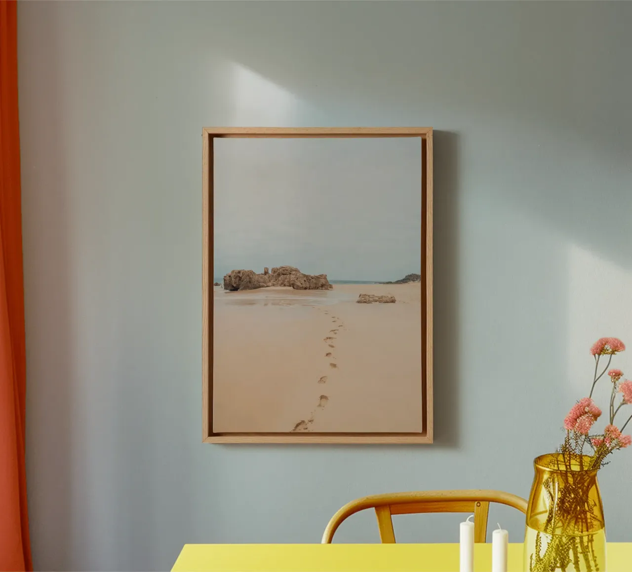 Footprints on Deserted Beach - Coastal Serenity Art canvas with Floater frame by ClubArt