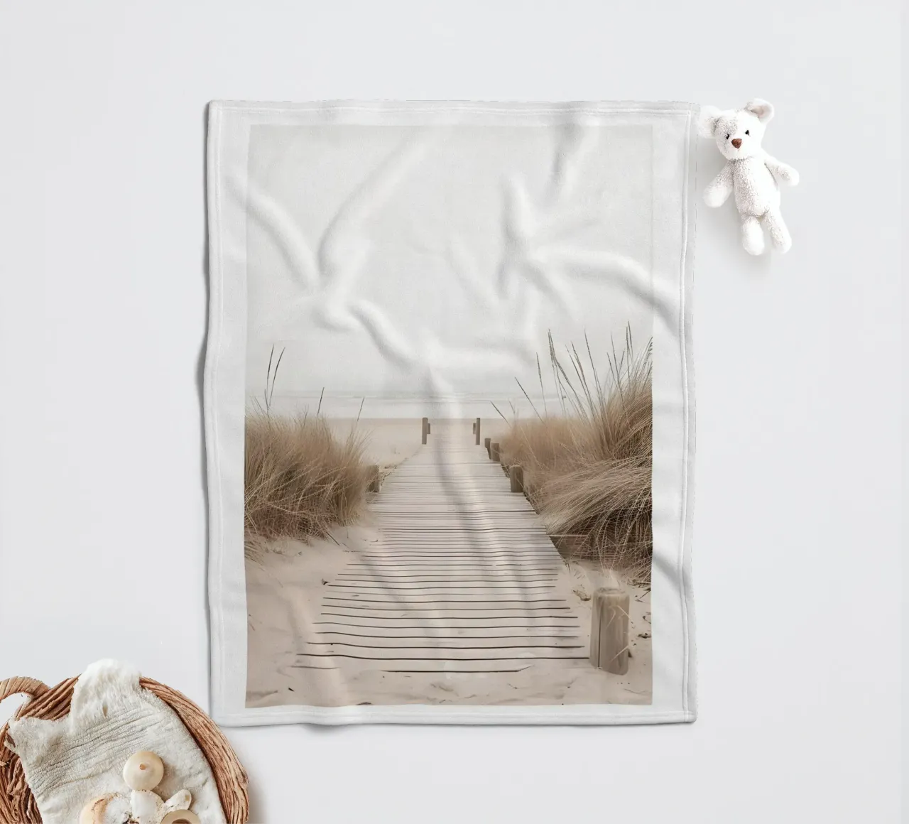 Serene Beach Boardwalk Print - Minimalist Coastal Path fleece blanket by ClubArt