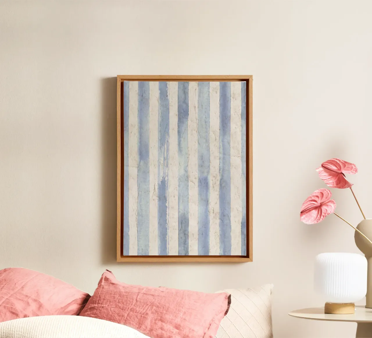 Blauwe en witte krijtstreepprint - Coastal Vintage canvas met Baklijst van ClubArt