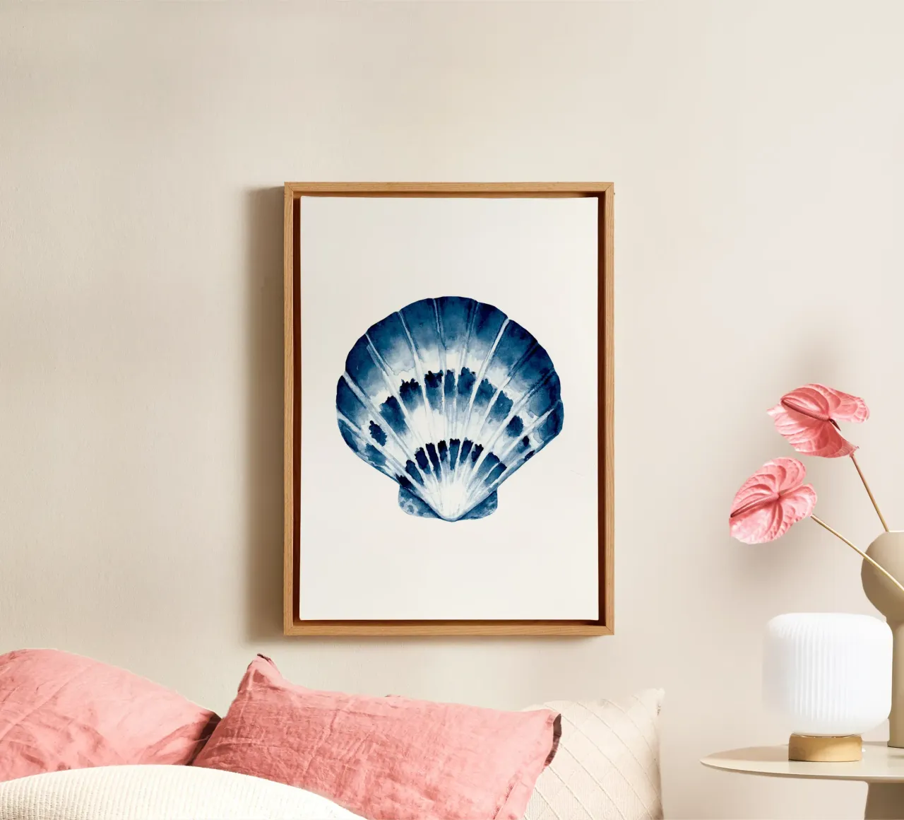 Indigo Sint-Jacobsschelp aquarel - Kustzeekunst canvas met Baklijst van ClubArt