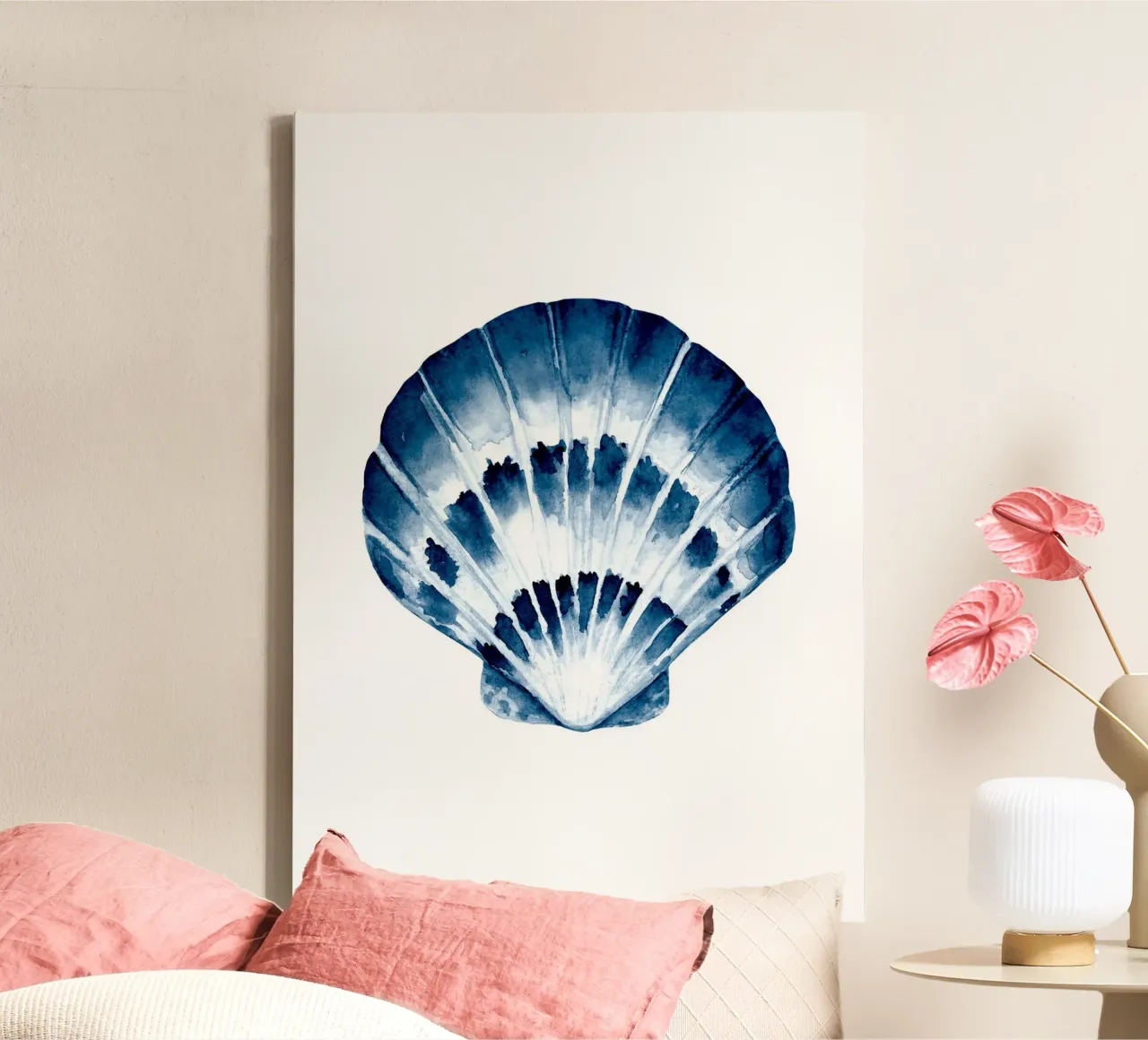 Indigo Sint-Jacobsschelp aquarel - Kustzeekunst canvas met Baklijst van ClubArt