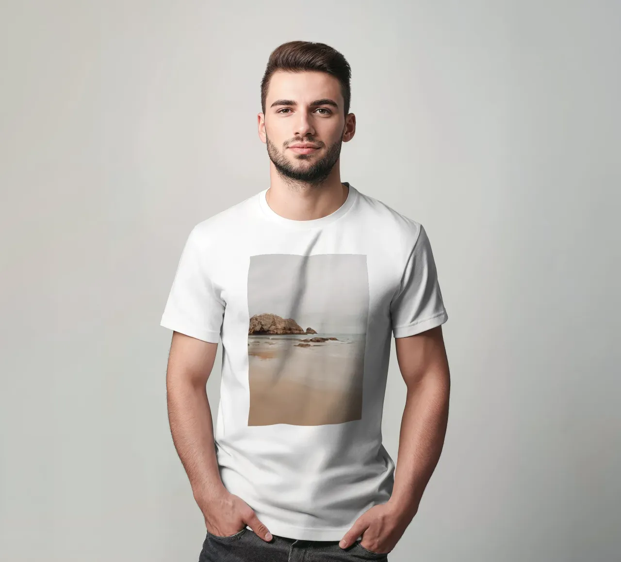 Misty Coastal Beach with Rocks - Serene Seascape Art t-shirt by ClubArt