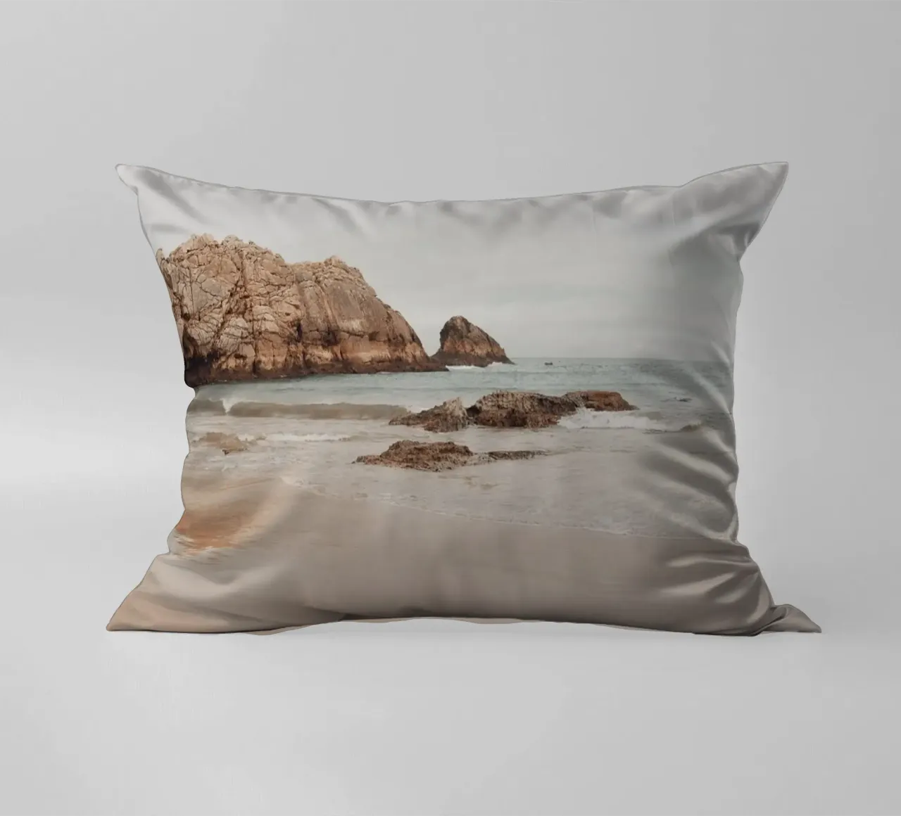 Misty Coastal Beach with Rocks - Serene Seascape Art decorative cushion by ClubArt