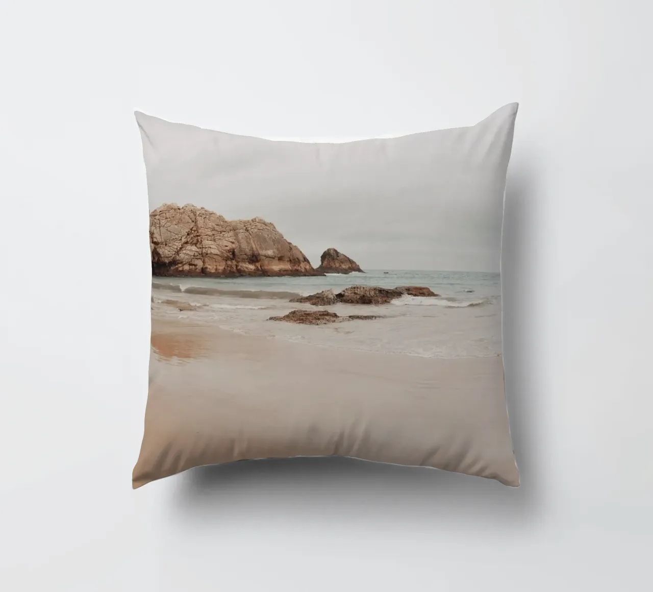 Misty Coastal Beach with Rocks - Serene Seascape Art decorative cushion by ClubArt