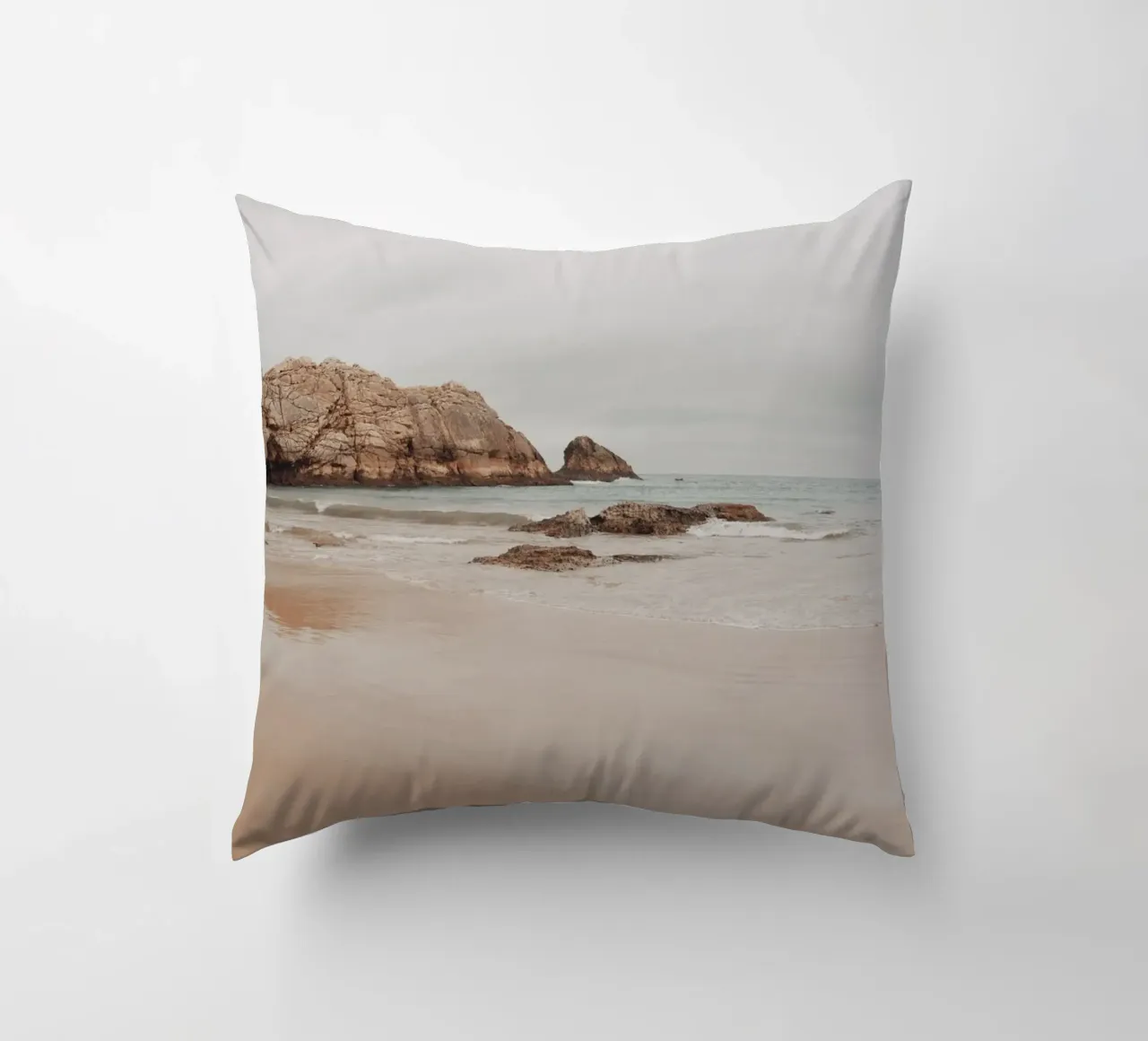 Misty Coastal Beach with Rocks - Serene Seascape Art decorative cushion by ClubArt