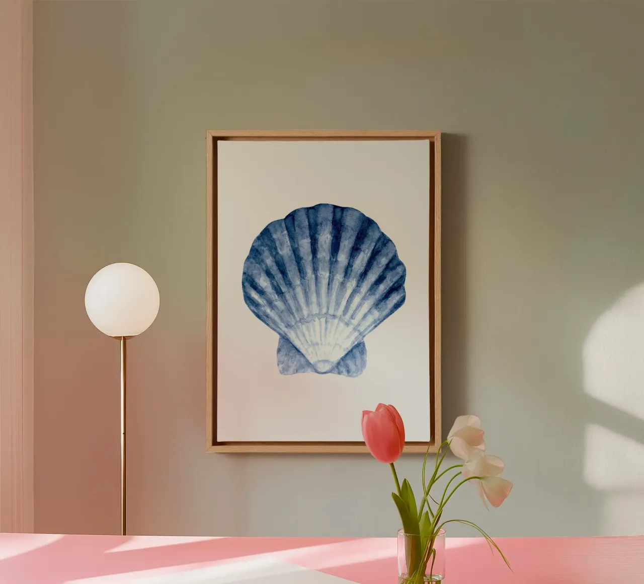 Klassiek blauw Sint-Jacobsschelp aquarel - Kustzeekunst canvas met Baklijst van ClubArt