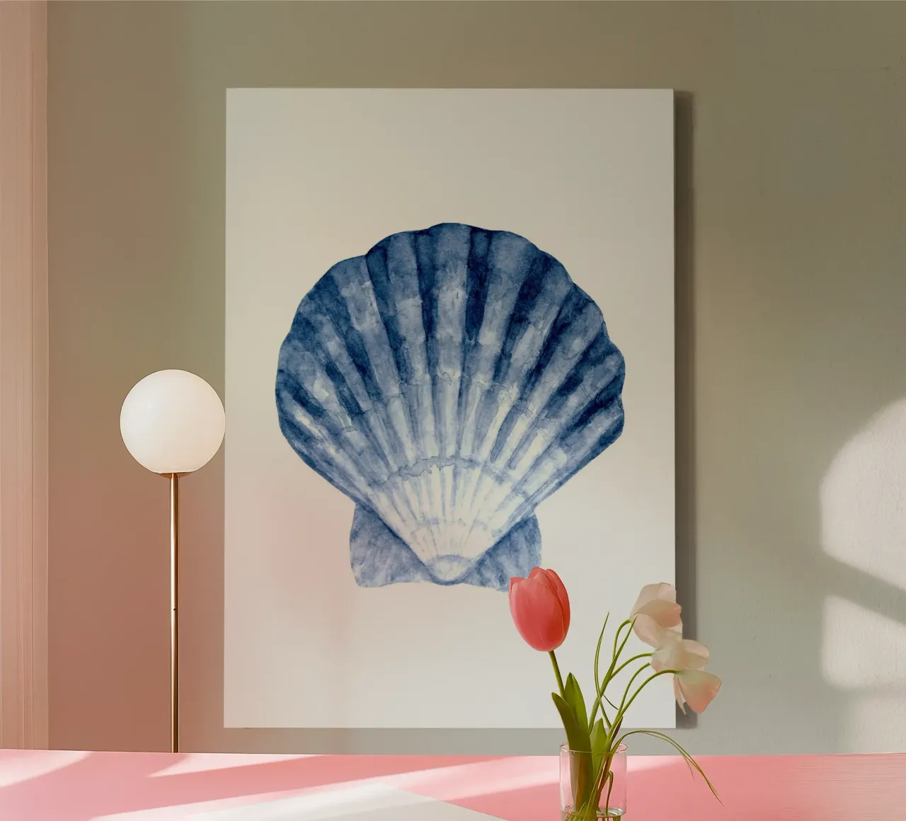 Klassiek blauw Sint-Jacobsschelp aquarel - Kustzeekunst canvas met Baklijst van ClubArt