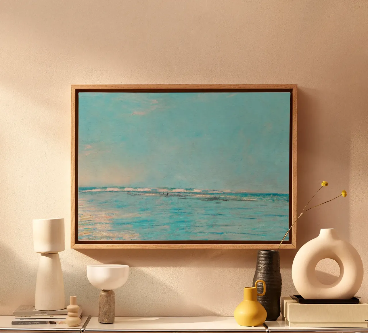 Turquoise Sea with Distant Figures - Impressionist Coast canvas with Floater frame by ClubArt