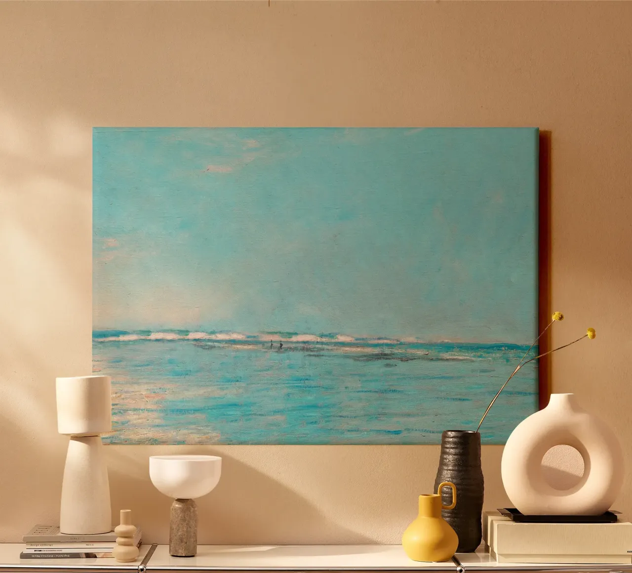 Turquoise Sea with Distant Figures - Impressionist Coast canvas with Floater frame by ClubArt