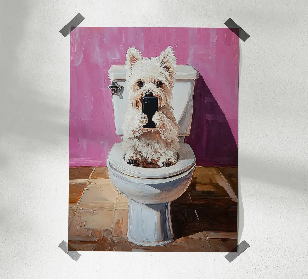 Mobiel telefoonplezier met hond poster met houten frame van Carinaprint