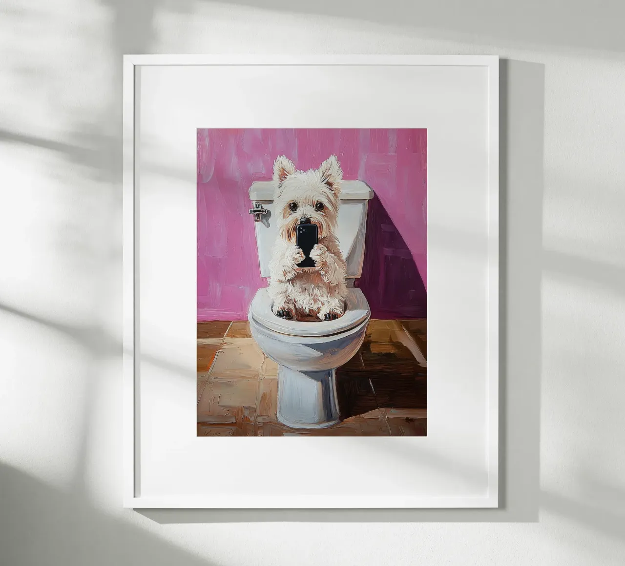 Mobiel telefoonplezier met hond poster met houten frame van Carinaprint