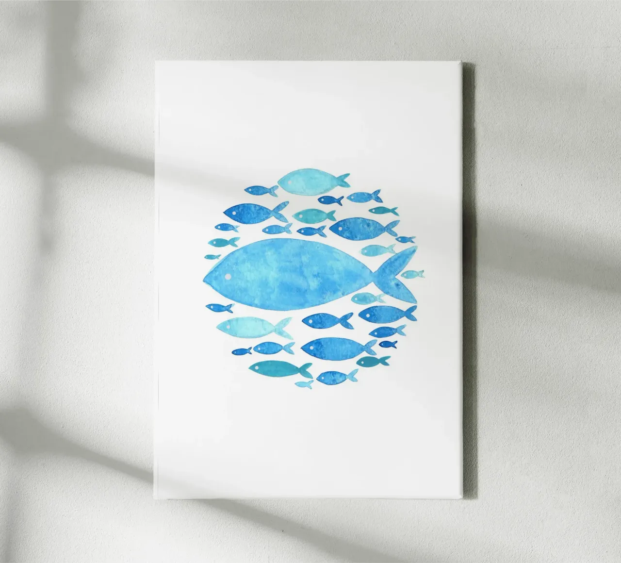 Blauer Fisch Schule Aquarell - Ozean Leben Kunstdruck Leinwand mit Schattenfugenrahmen von ClubArt