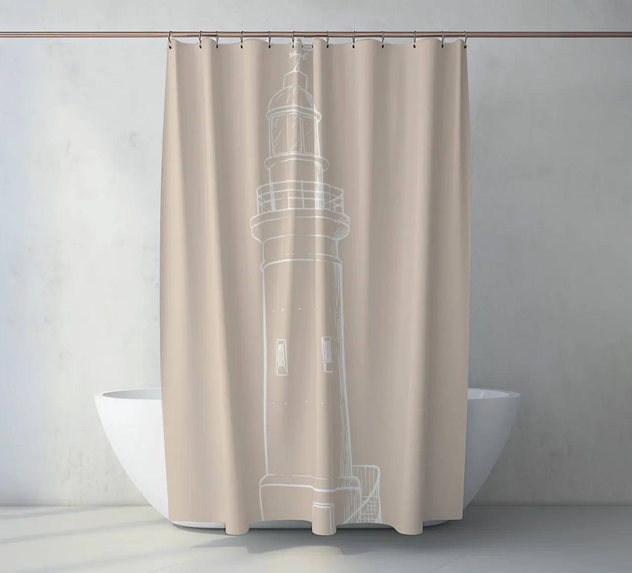 Minimalist Lighthouse Sketch - Neutral Coastal Decor shower curtain by ClubArt