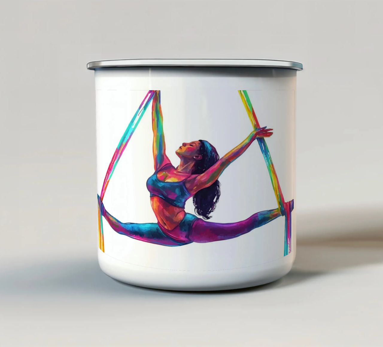 Zijdevoorstelling in de lucht emaille mok van YogaShop