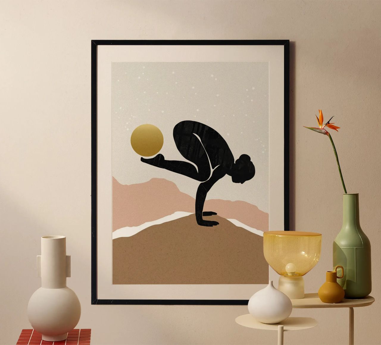Yoga-Silhouette mit Goldkugel Poster von YogaShop