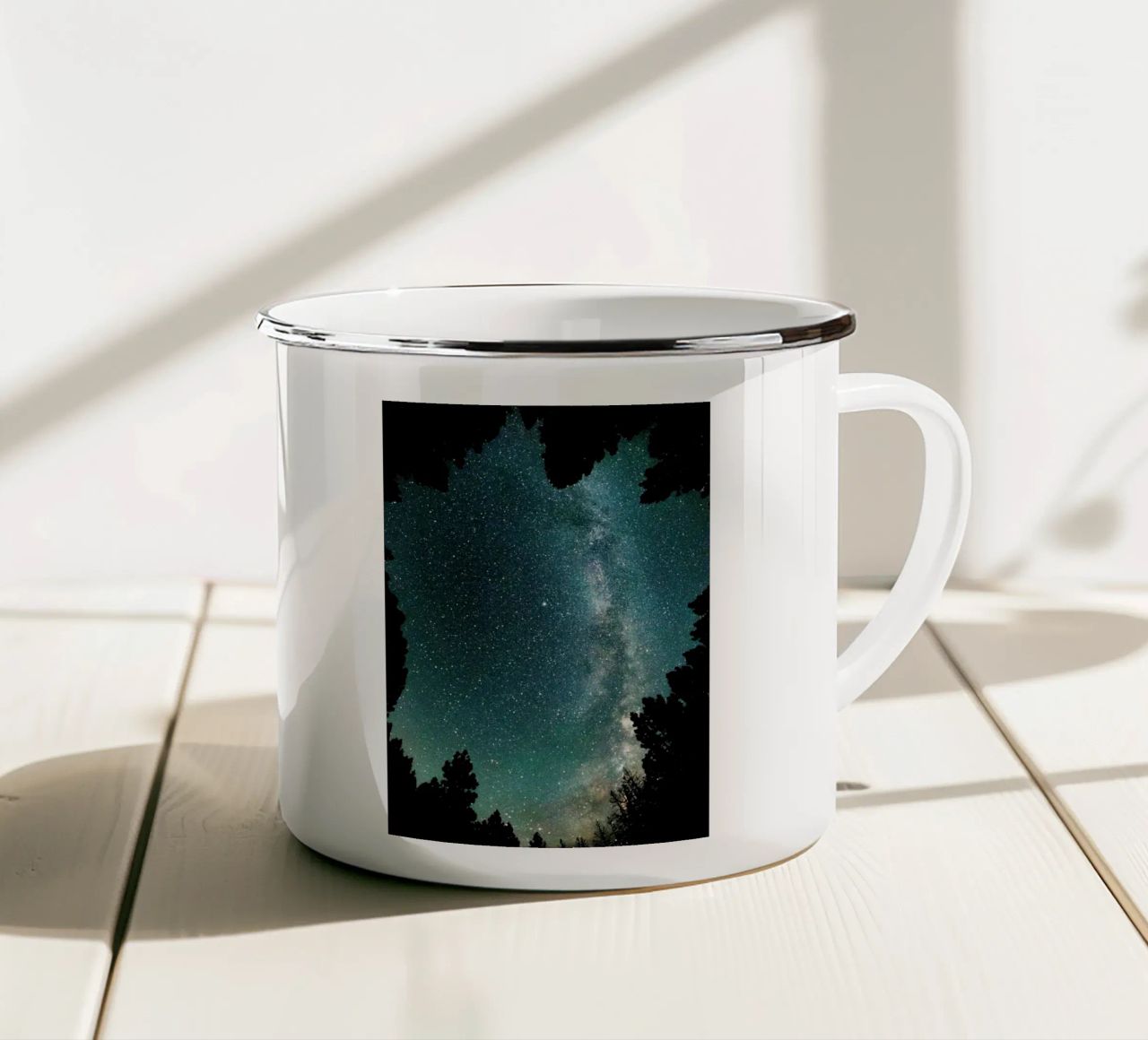 stelle cielo notturno alberi via lattea tazza in smalto da space words