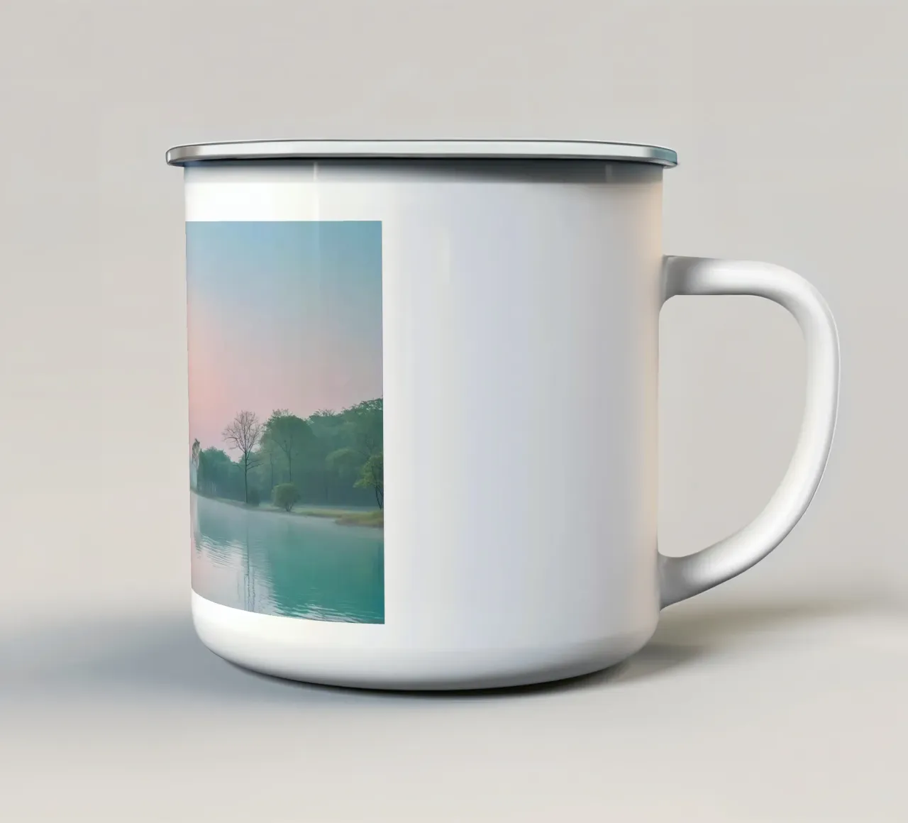lago alberi nebbia tazza in smalto da cofa home