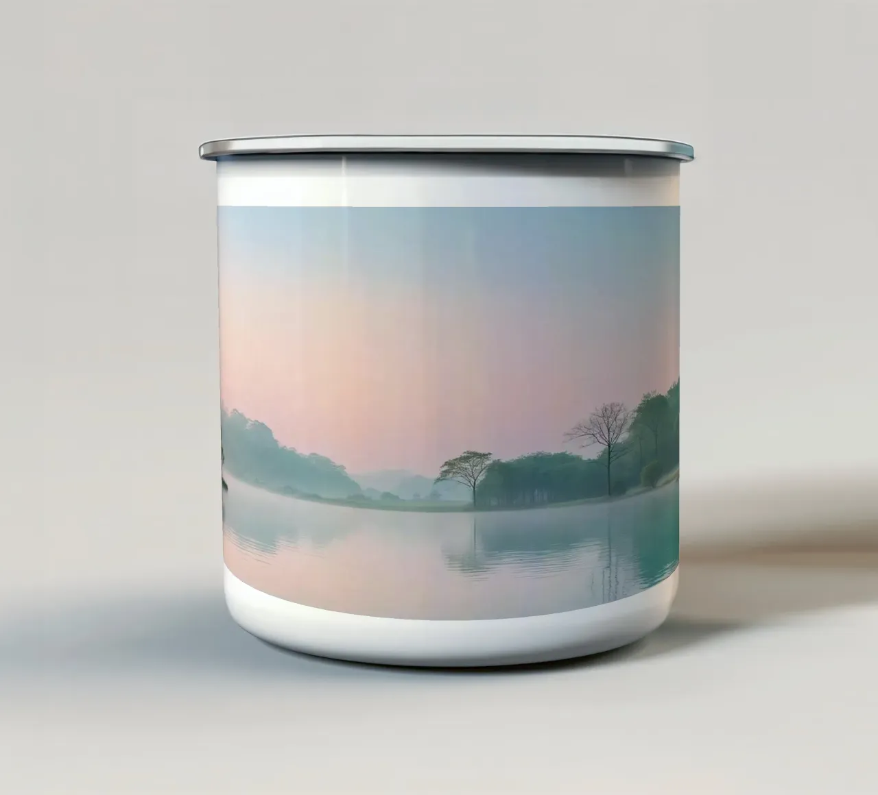 lago alberi nebbia tazza in smalto da cofa home