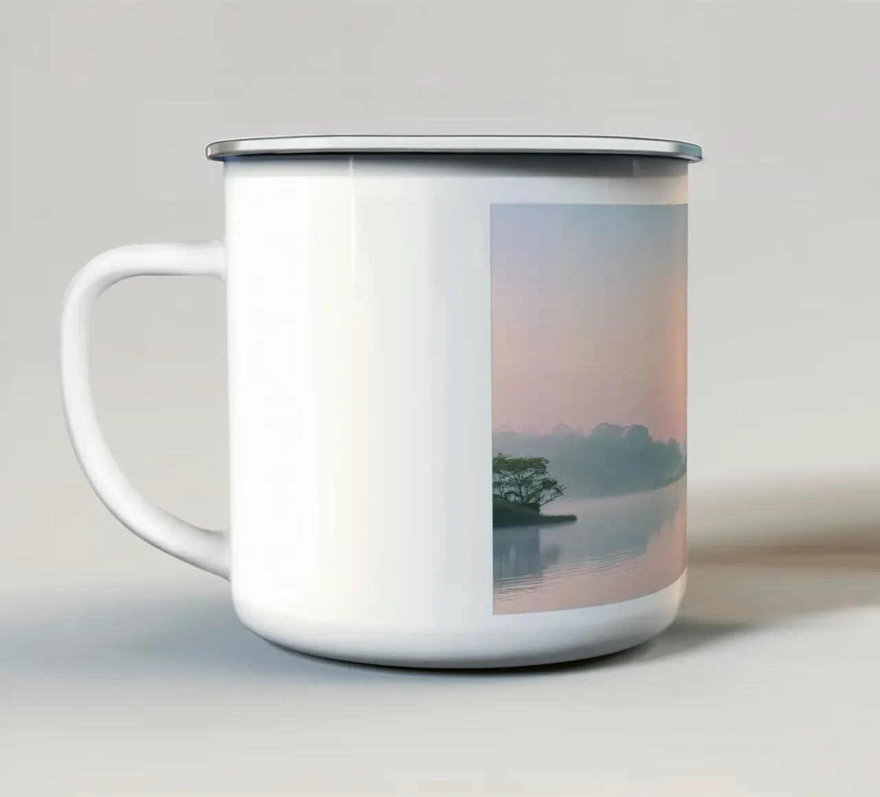 lago alberi nebbia tazza in smalto da cofa home