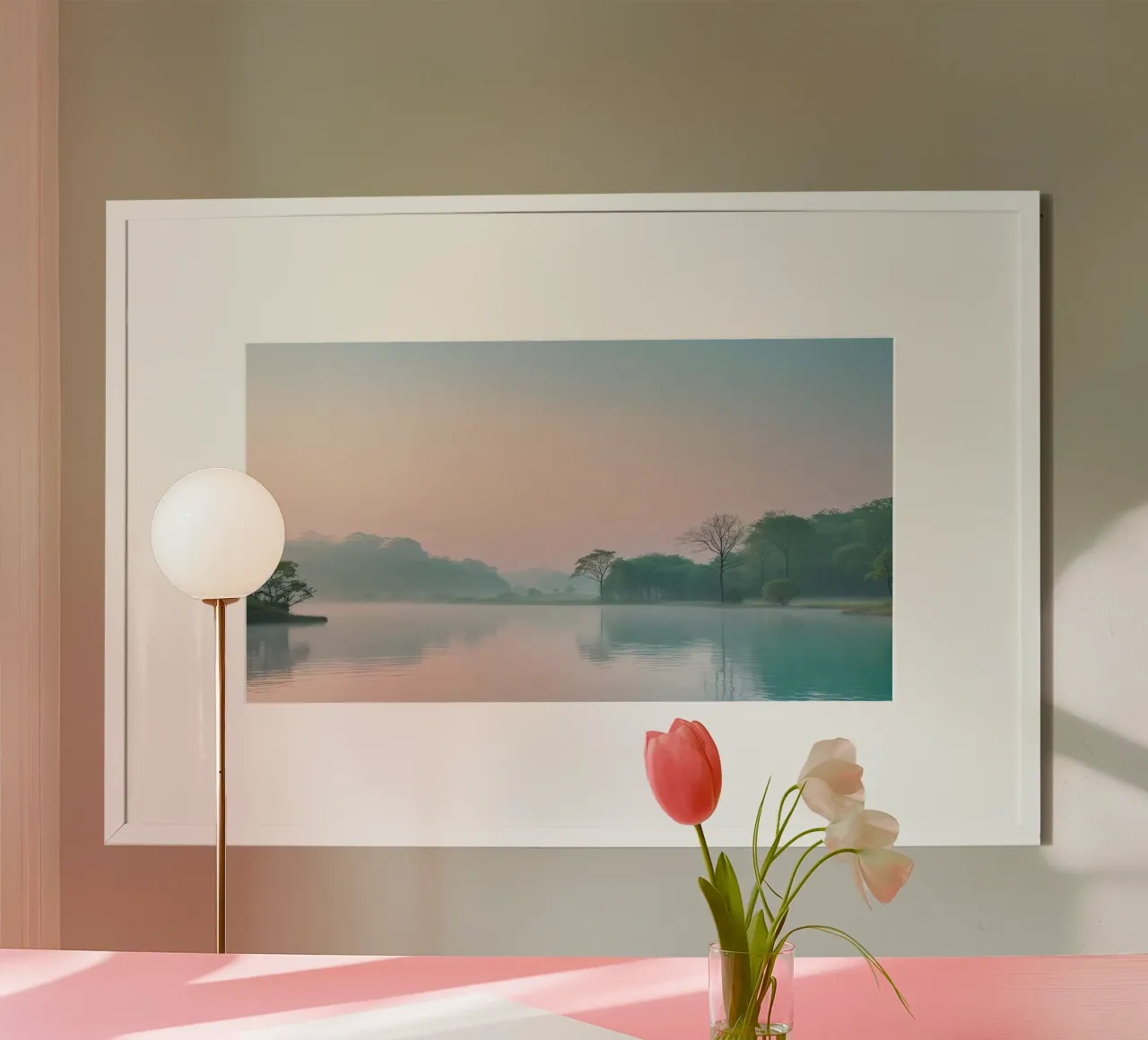 lago alberi nebbia poster con telaio in alluminio da cofa home