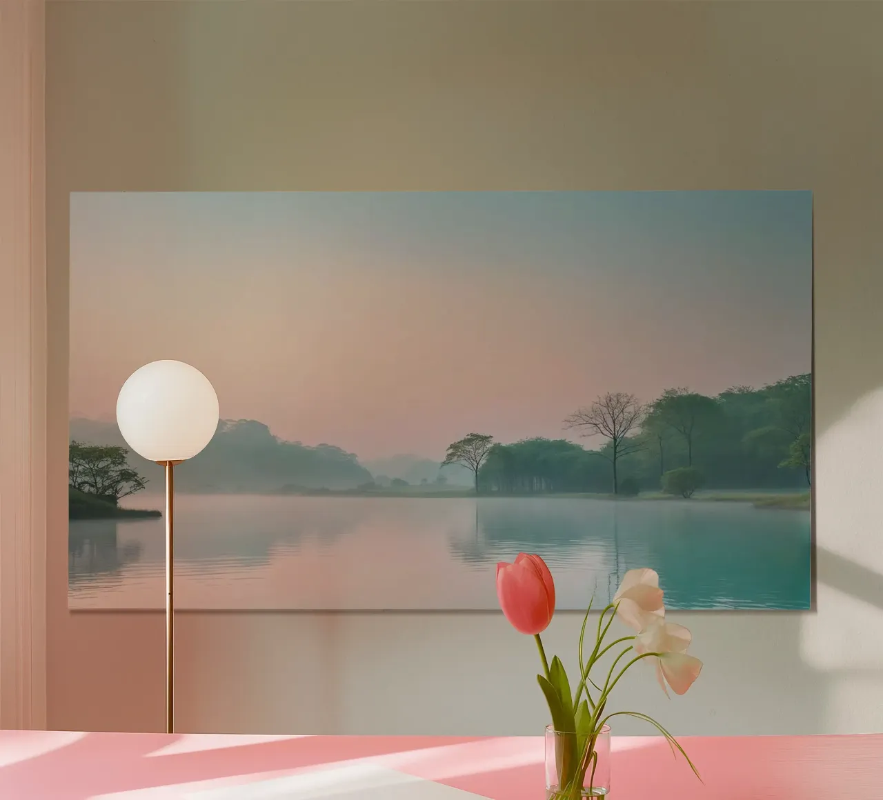 lago alberi nebbia poster con telaio in alluminio da cofa home