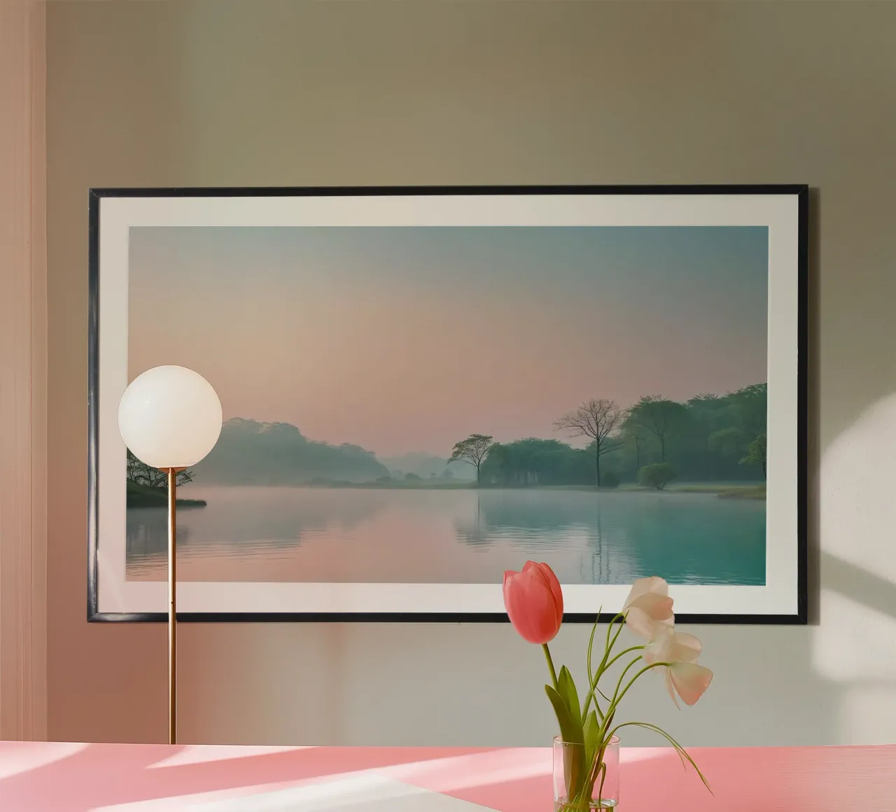lago alberi nebbia poster con telaio in alluminio da cofa home