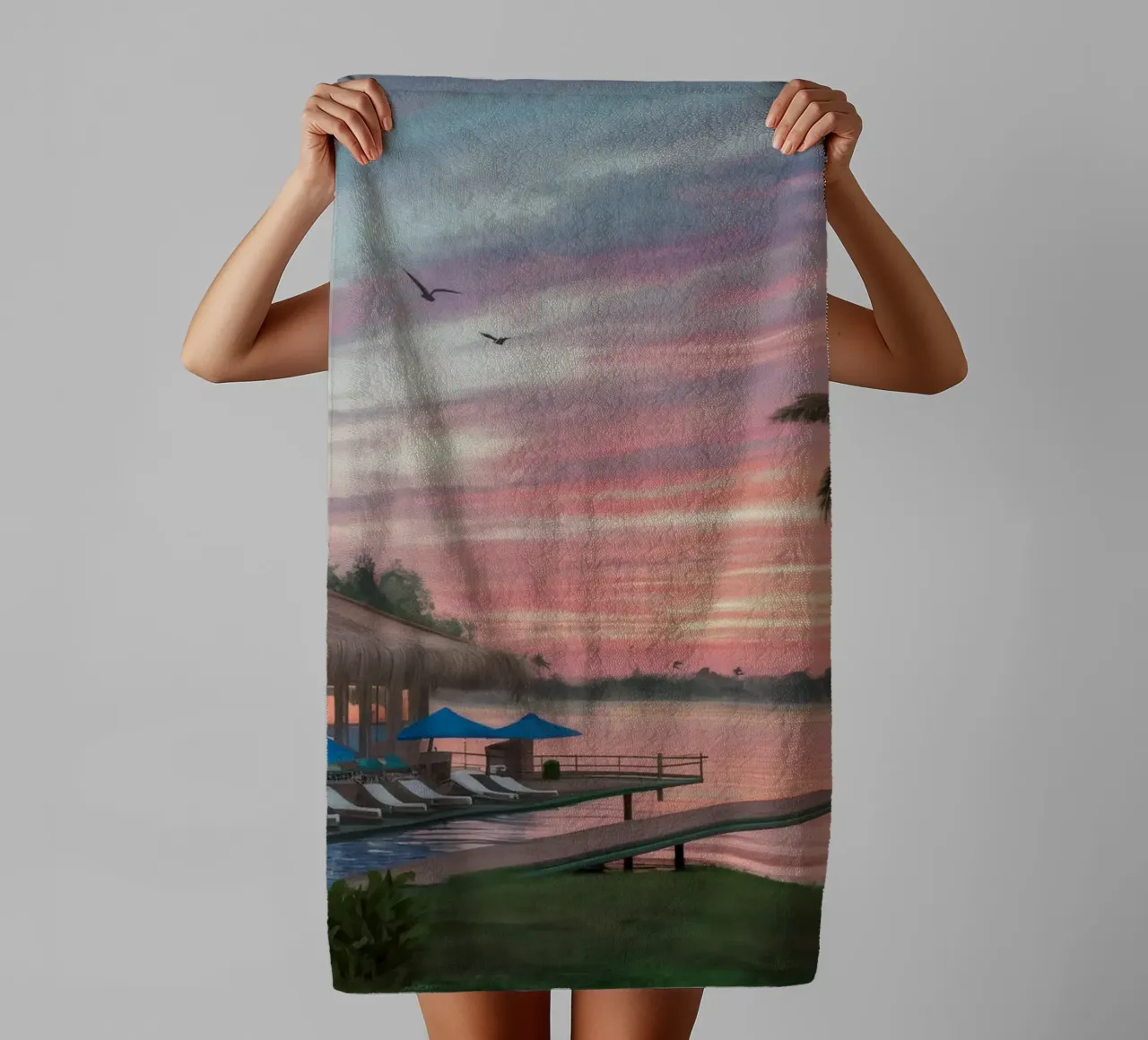 Tramonto sulla laguna tropicale asciugamano da bagno da Silk Palette
