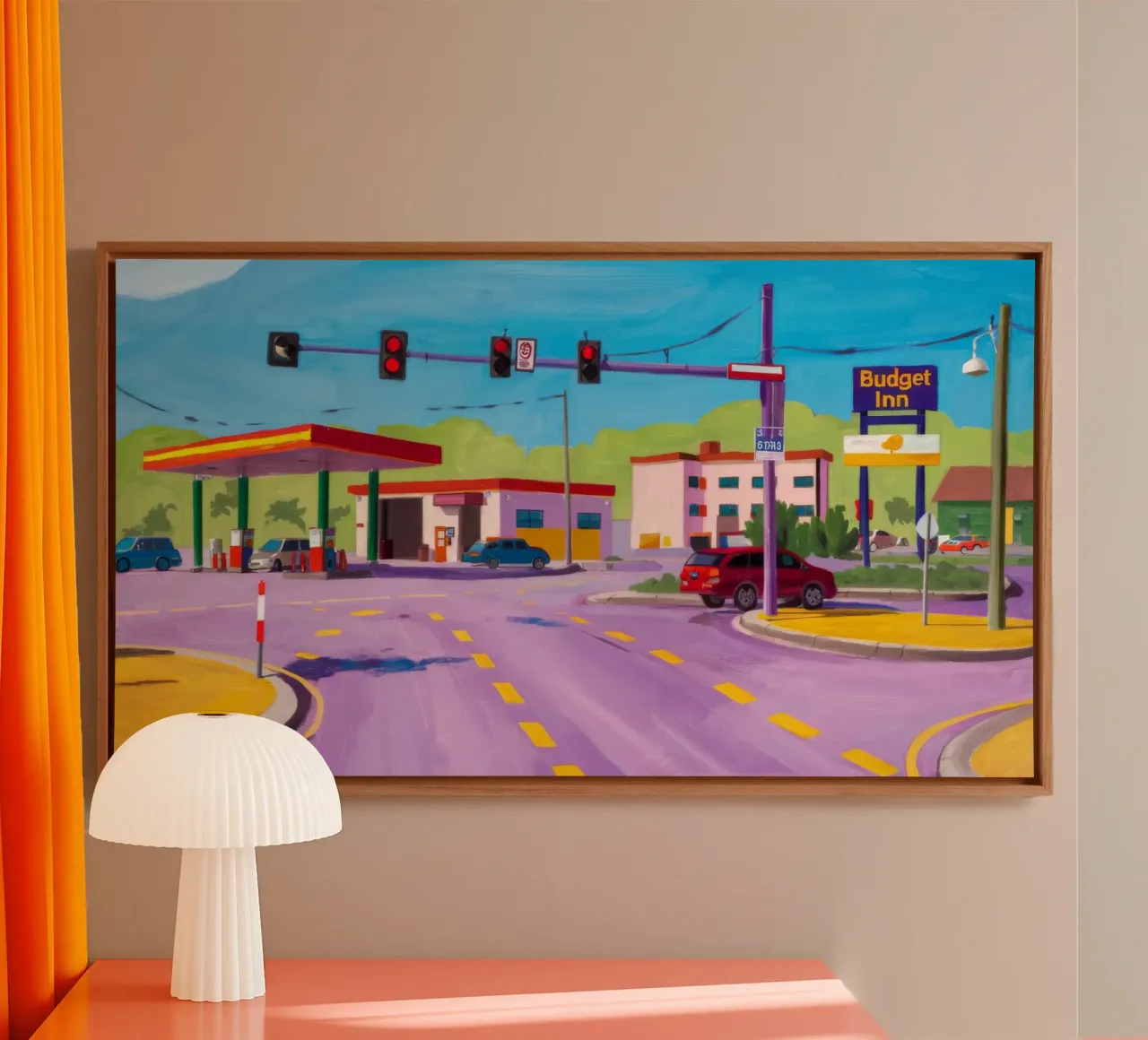 Tankstelle in der Abenddämmerung Leinwand mit Schattenfugenrahmen von Silk Palette