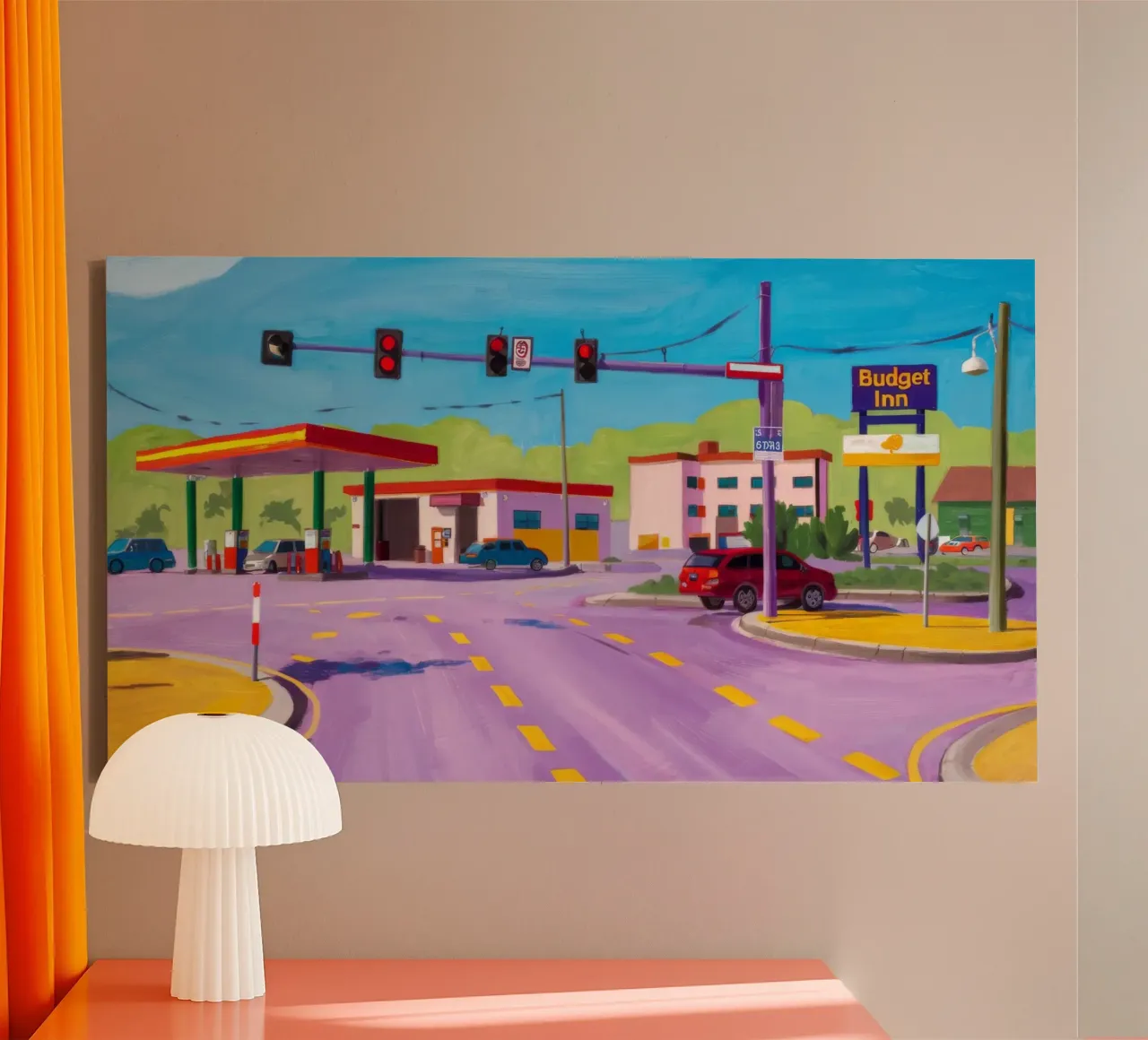 Tankstelle in der Abenddämmerung Leinwand mit Schattenfugenrahmen von Silk Palette