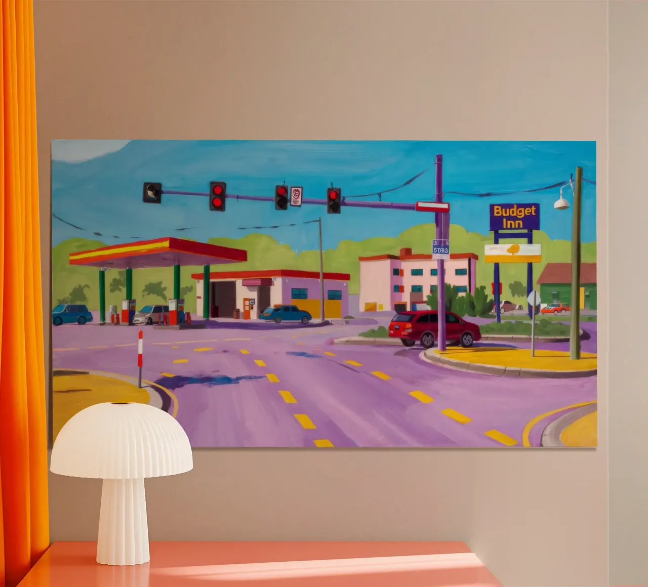 Tankstelle in der Abenddämmerung Poster mit Aluminium Rahmen von Silk Palette